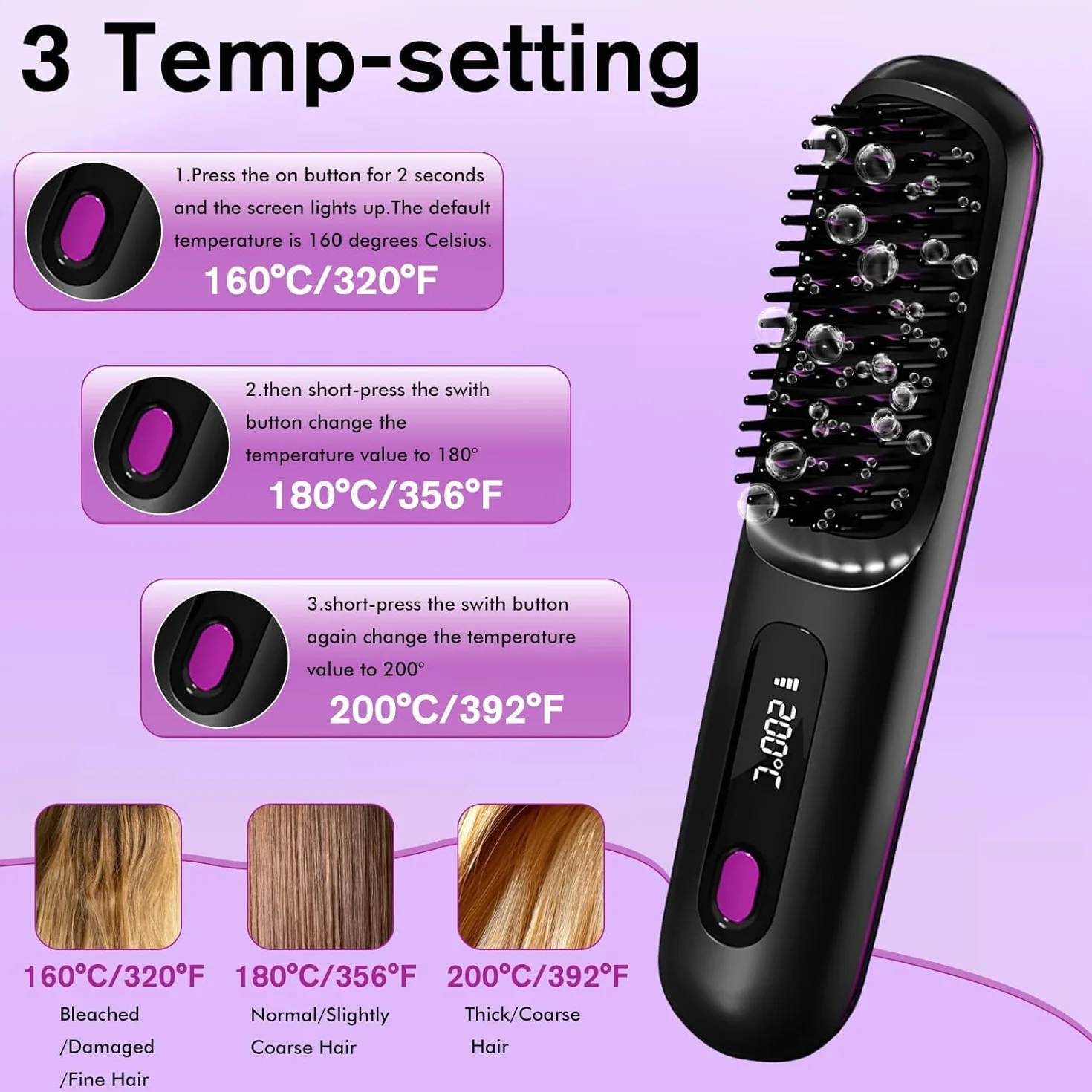 Brosse coiffante électrique sans fil pour cheveux courts, lissante avec affichage LED, 3 niveaux de température