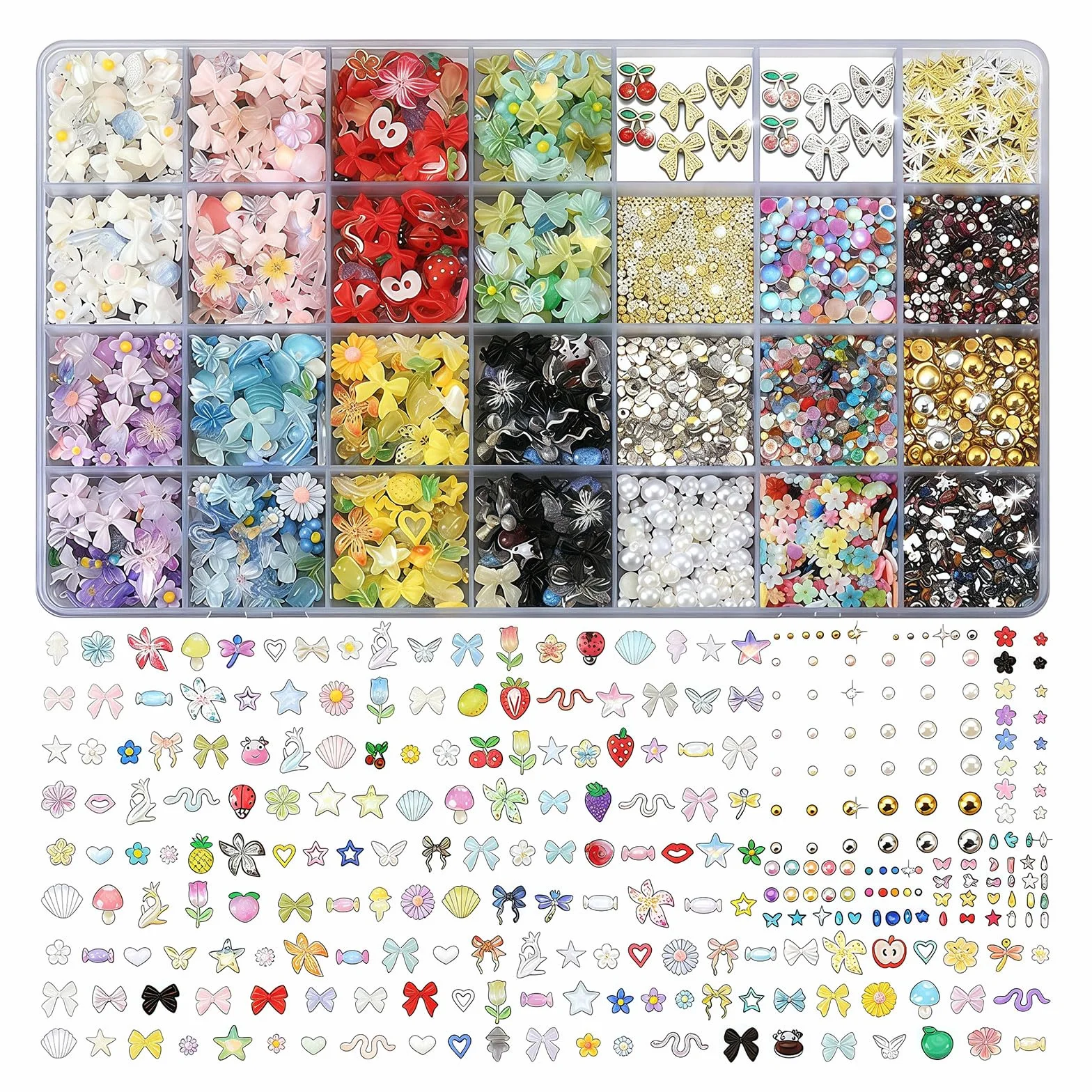 3D nail charms Set – Kit de charms pour ongles Y2K, 110 styles strass, perles, papillons DIY décoration ongulaire