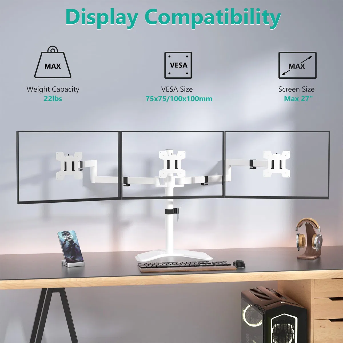 WALI Support triple écran, sur pied pour trois écrans LCD, entièrement réglable, convient pour 3 écrans jusqu'à 68,6 cm, capacité de poids de 10 kg par bras (MF003-W), blanc