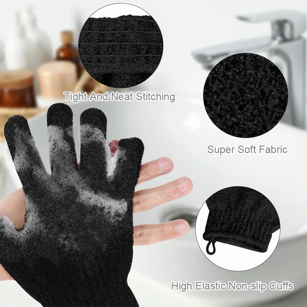 Vicloon Gants Exfoliants Douche 4PCS avec Sangle de Bain - Élimine Peaux Mortes Poils Incarnés Noir