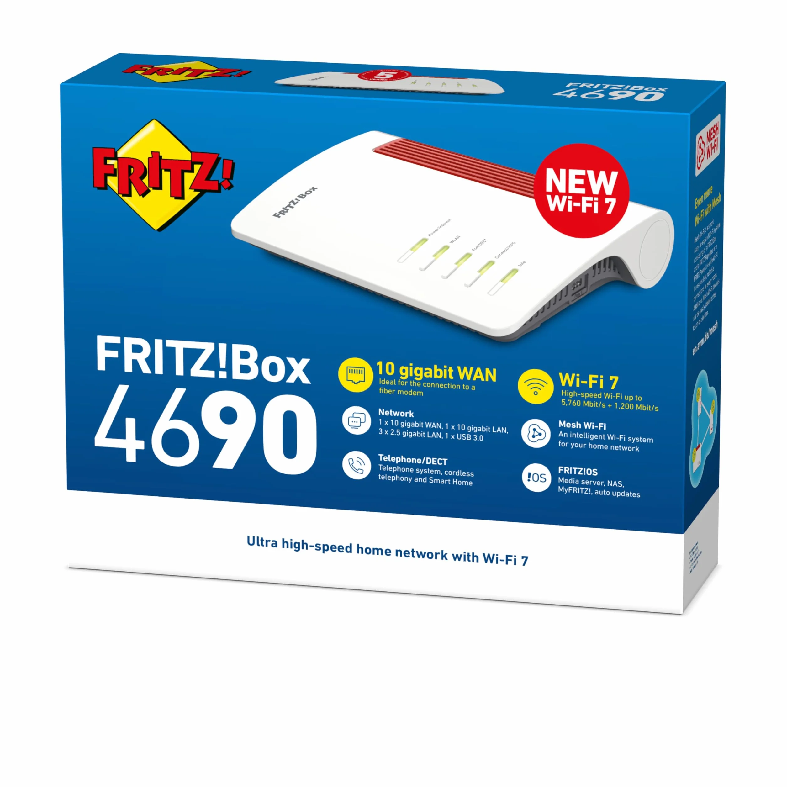 FRITZ!Box 4690 | routeur sans Modem intégré | Wi-FI 7 jusqu'à 7 Gbit/s | Wi-Fi bi-bande (2,4/5 GHz), pour connexion à un modem fibre, câble ou DSL, WAN 10 gigabits, Mesh Wi-Fi, Made in Europe