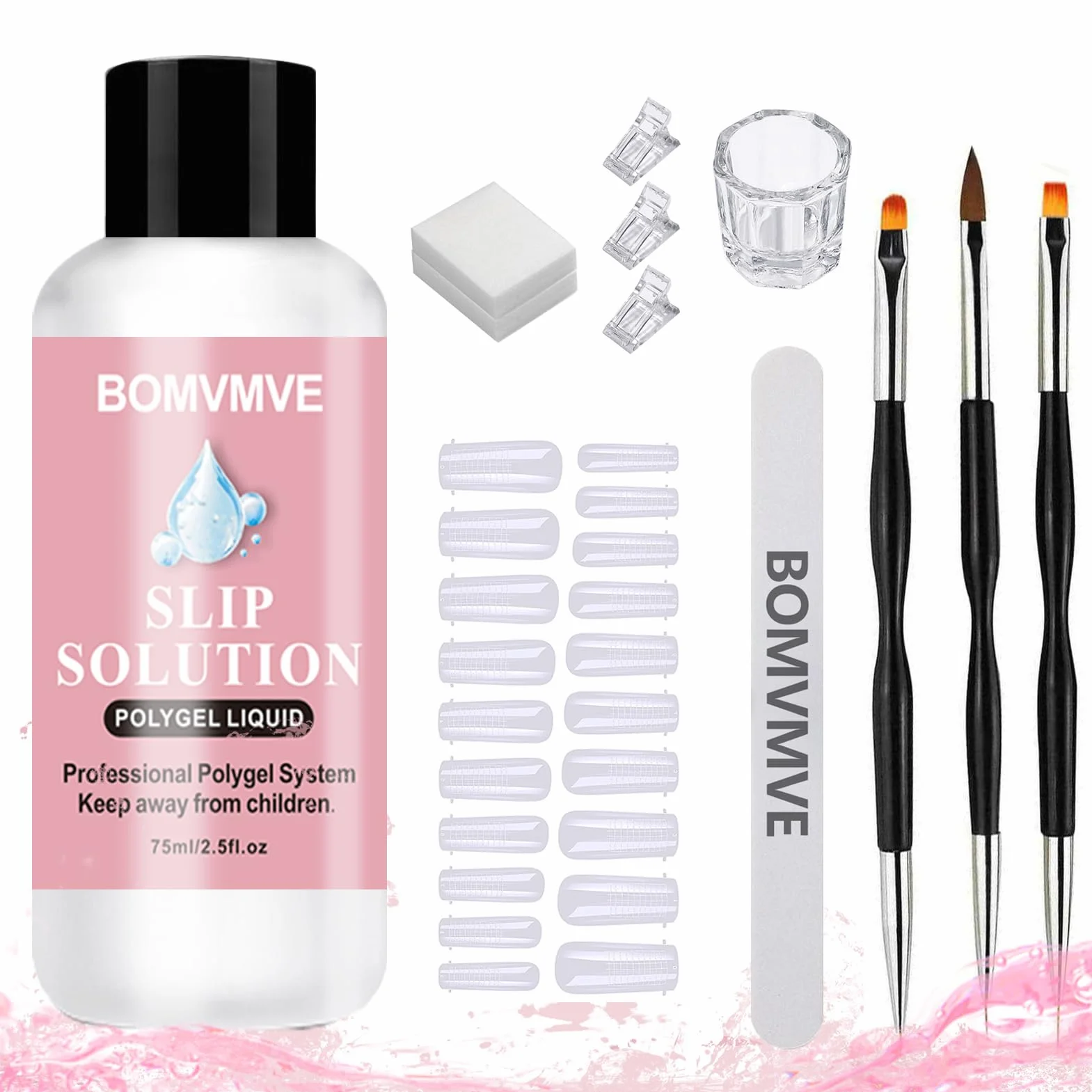 Slip Solution Polygel, Solution de Glissement pour Polygel Ongles, Kit Ongle Gel Anti-adhérence avec Pince, Brosse, Verre en Cristal et Lingettes