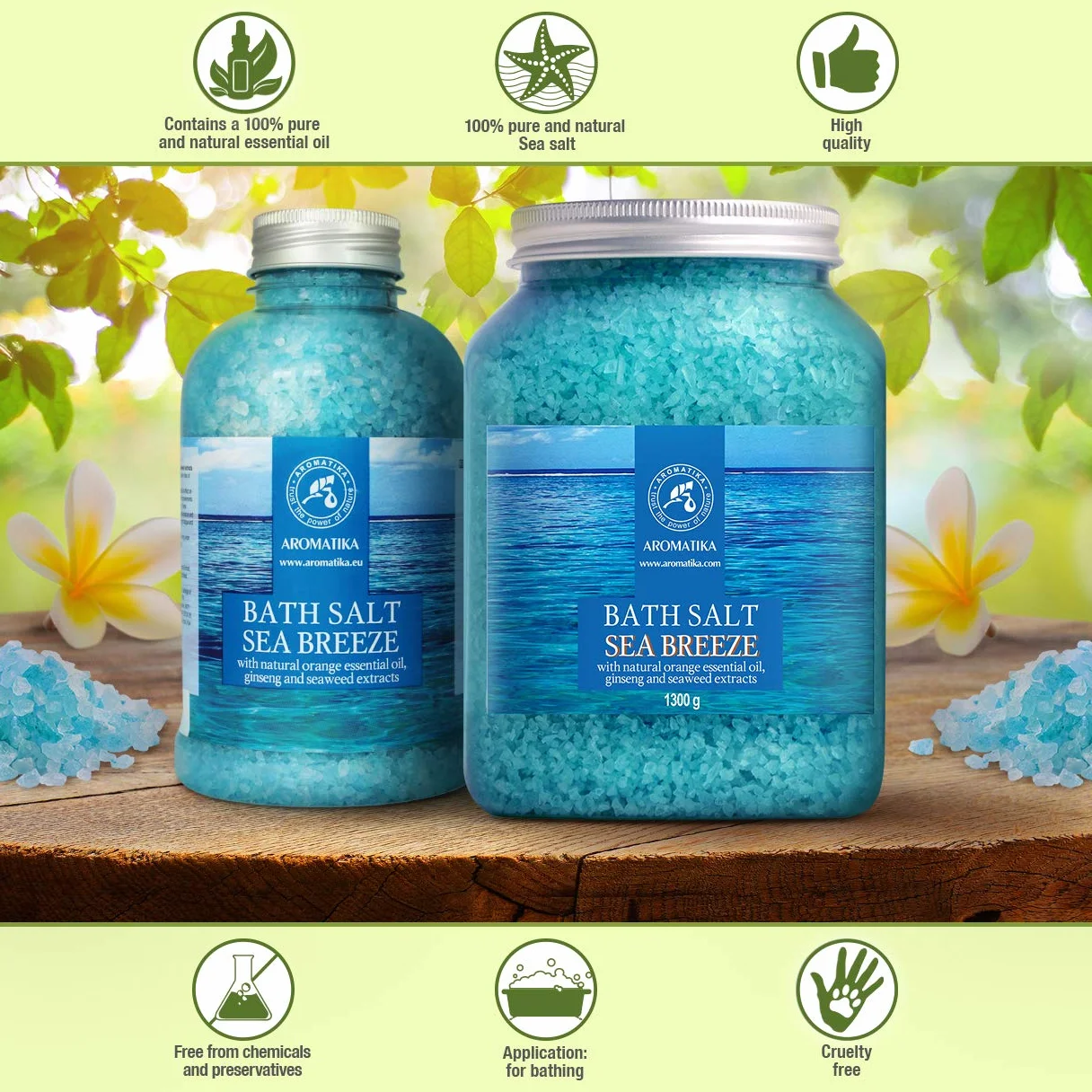 Sel Marin avec Huile Essentielle de Orange - Extraits de Ginseng & Algues - Sel de Bain Brise Marine 1300g - Relaxation - Soin du Corps