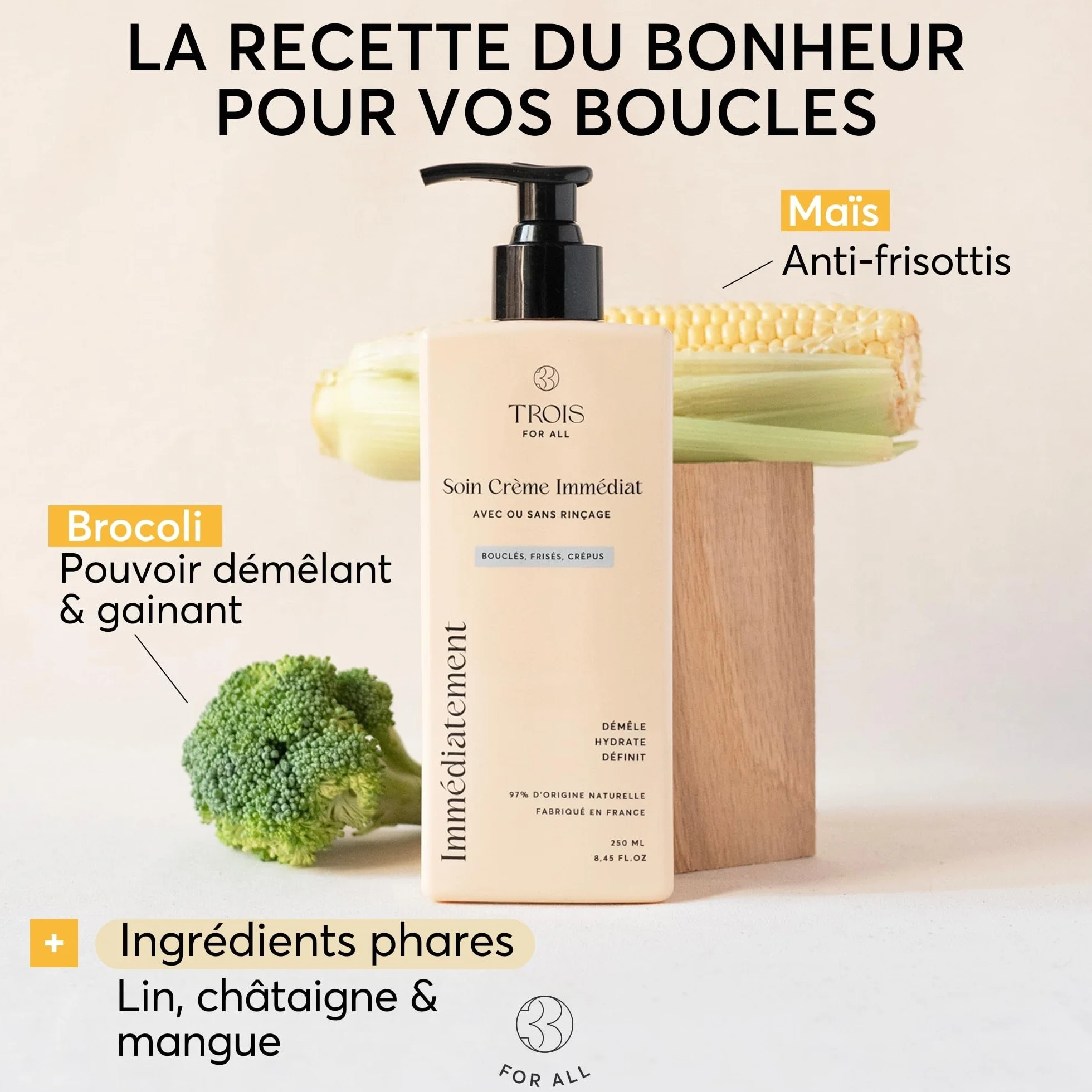 Trois For All Crème Cheveux Bouclés, Soin Crème Immédiat 250ml