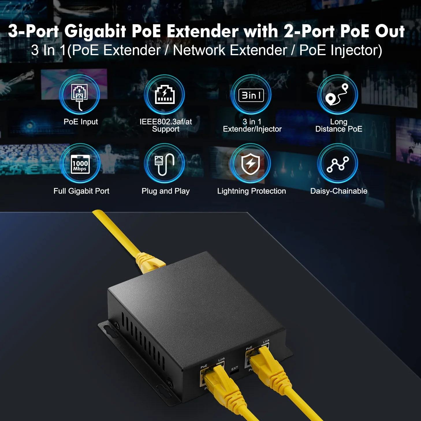 MokerLink 3 Ports Gigabit PoE Passthrough Switch, IEEE 802.3af/at PoE Repeater, 100/1000Mbps, 1 PoE in 2 PoE Out, Wall Mount, PoE Extender/Injector/Network Extender Three in One