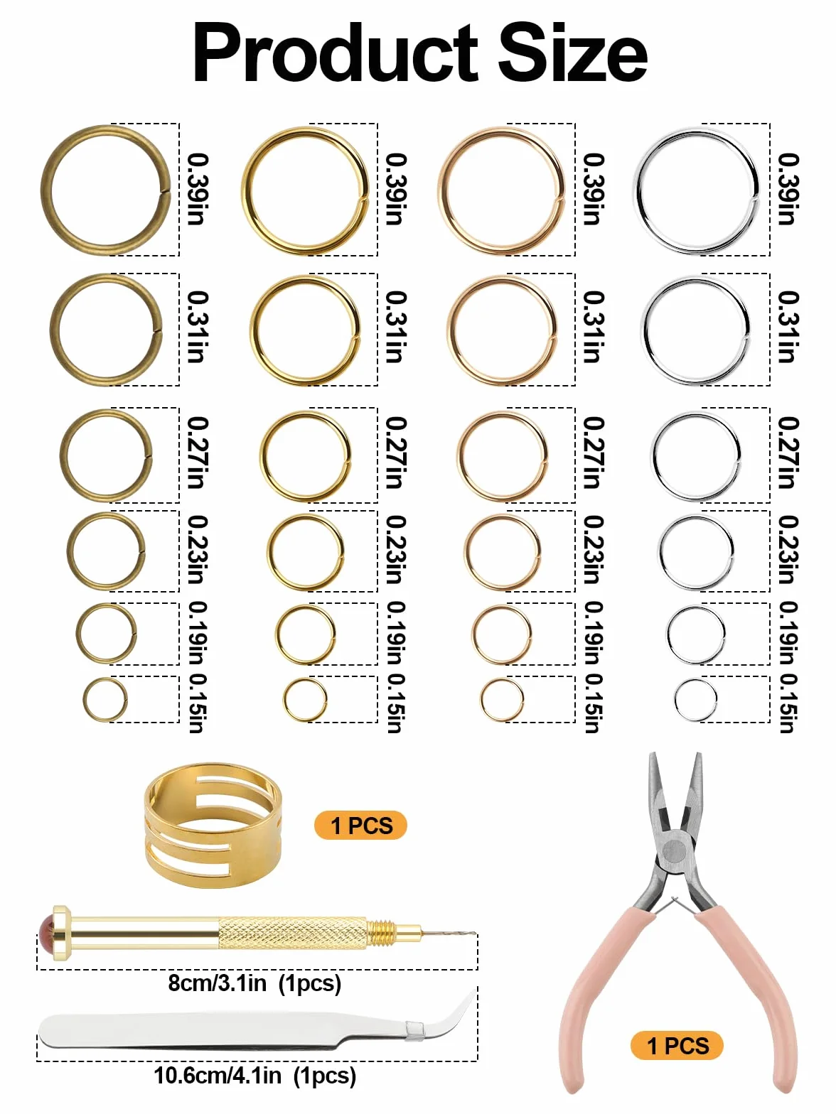 EBANKU 1014Pcs Nail Art Dangle Charms Piercing Tool Hand Drill, 6 tailles Open Jump Rings pour la fabrication de bijoux avec Jump Ring Opener, pinces et pinces