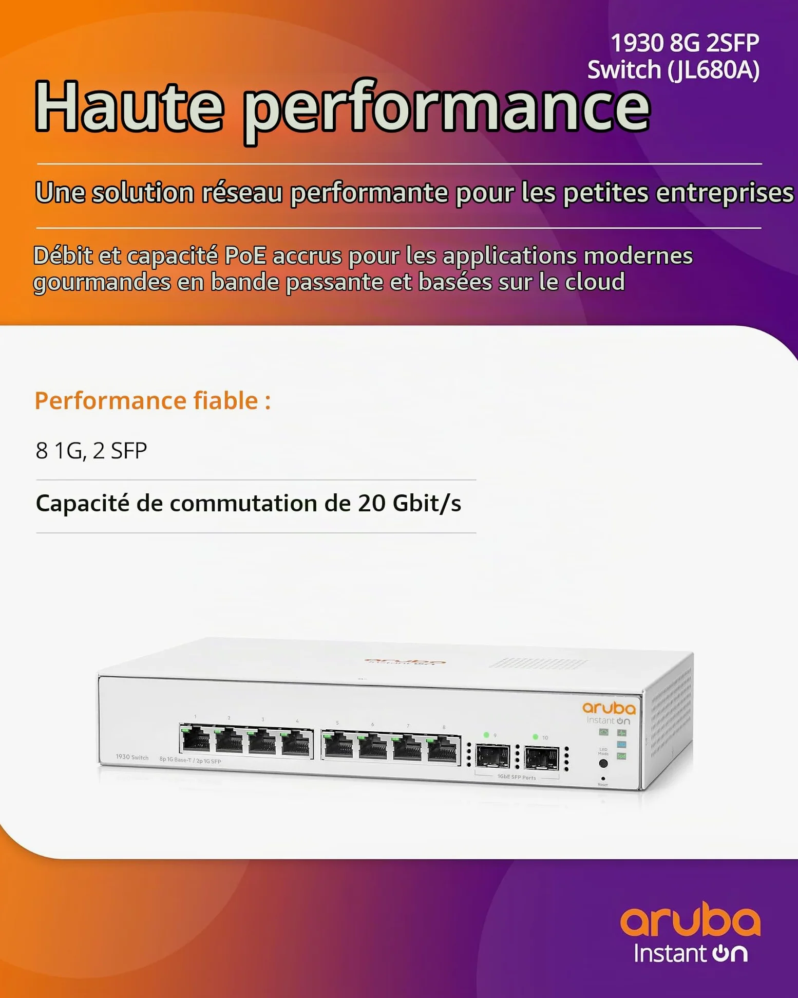 Aruba Instant On 1930 Gestito L2+ Gigabit Ethernet [10/100/1000] 1U Bianco (HPE ARUBA SWITCH INSTANT ON 1930 8G,8 PORTS 2SFP)