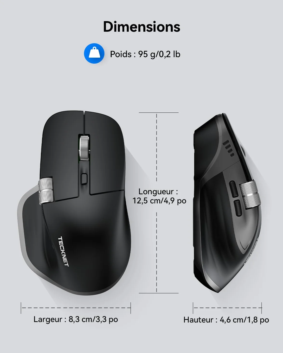 TECKNET Souris Bluetooth sans Fil Ergonomique 3 Modes BT5.0/2.4G Rechargeable 4800 DPI Silencieuse Noir