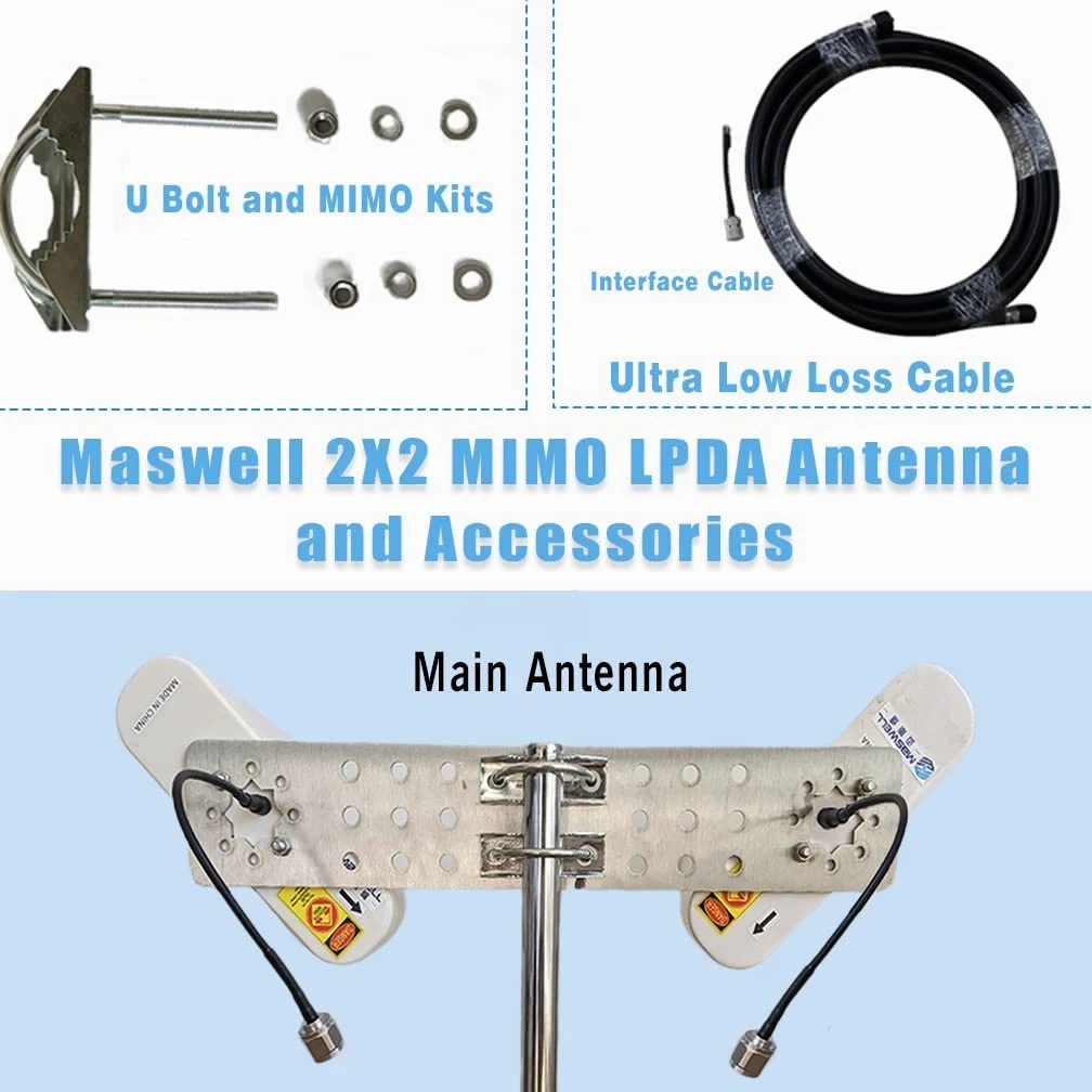 Antenne mobile 5G MIMO LPDA brevetée à gain élevé, 600–6000 MHz, large bande, large largeur de faisceau, câble équivalent LMR600 à ultra faibles pertes, prêt pour 5G, 4G, LTE, 3G, WiFi 6E