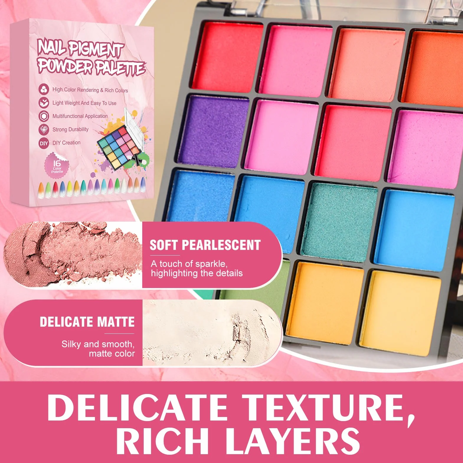 Poudre Chrome Ongle 16 Couleurs Kit Nail Art avec Pigment, Éponges et Pince à Épiler