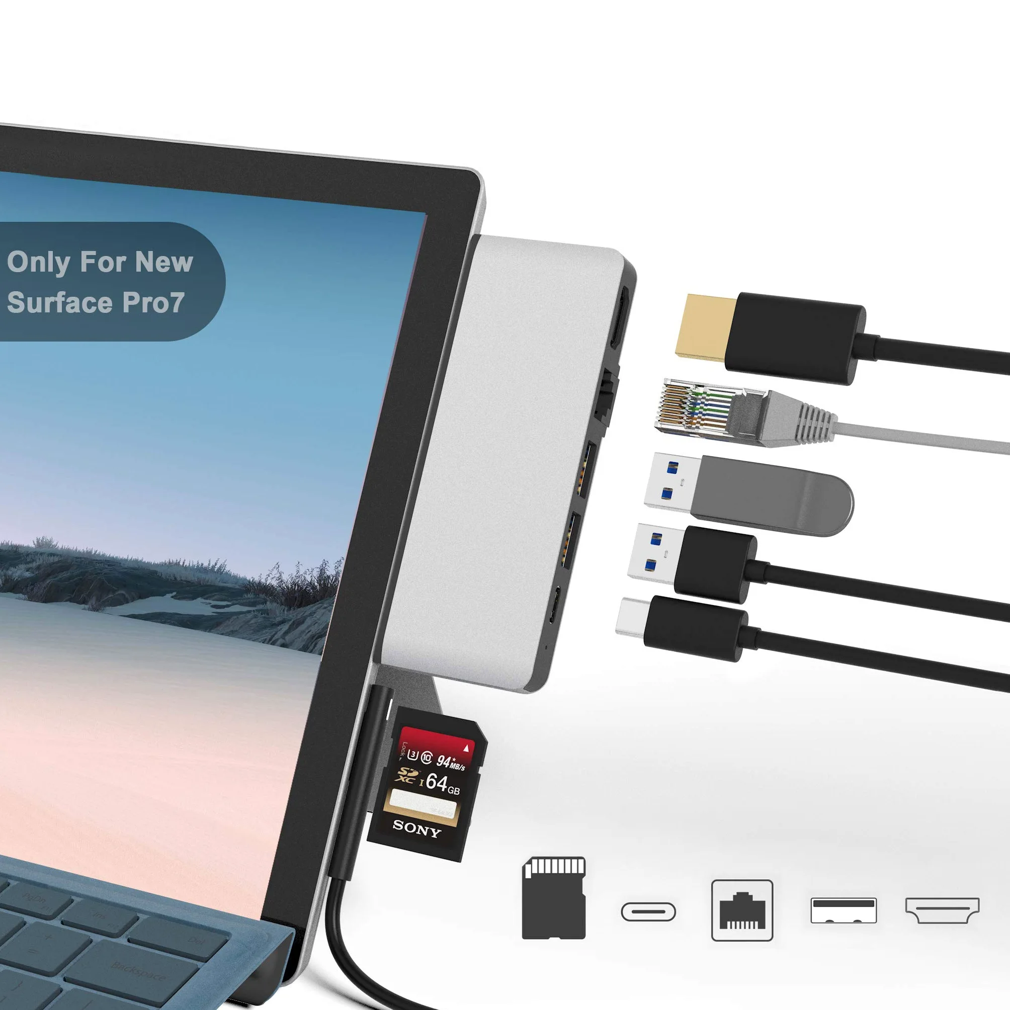 Surface Pro 7 Hub Docking Station with 4K HDMI Adapter, 100M Ethernet LAN, 2 USB 3.0 Audio & Data Transfer Port, SD Card Reader Converter Combo Adaptateur pour Microsoft Surface Pro 7