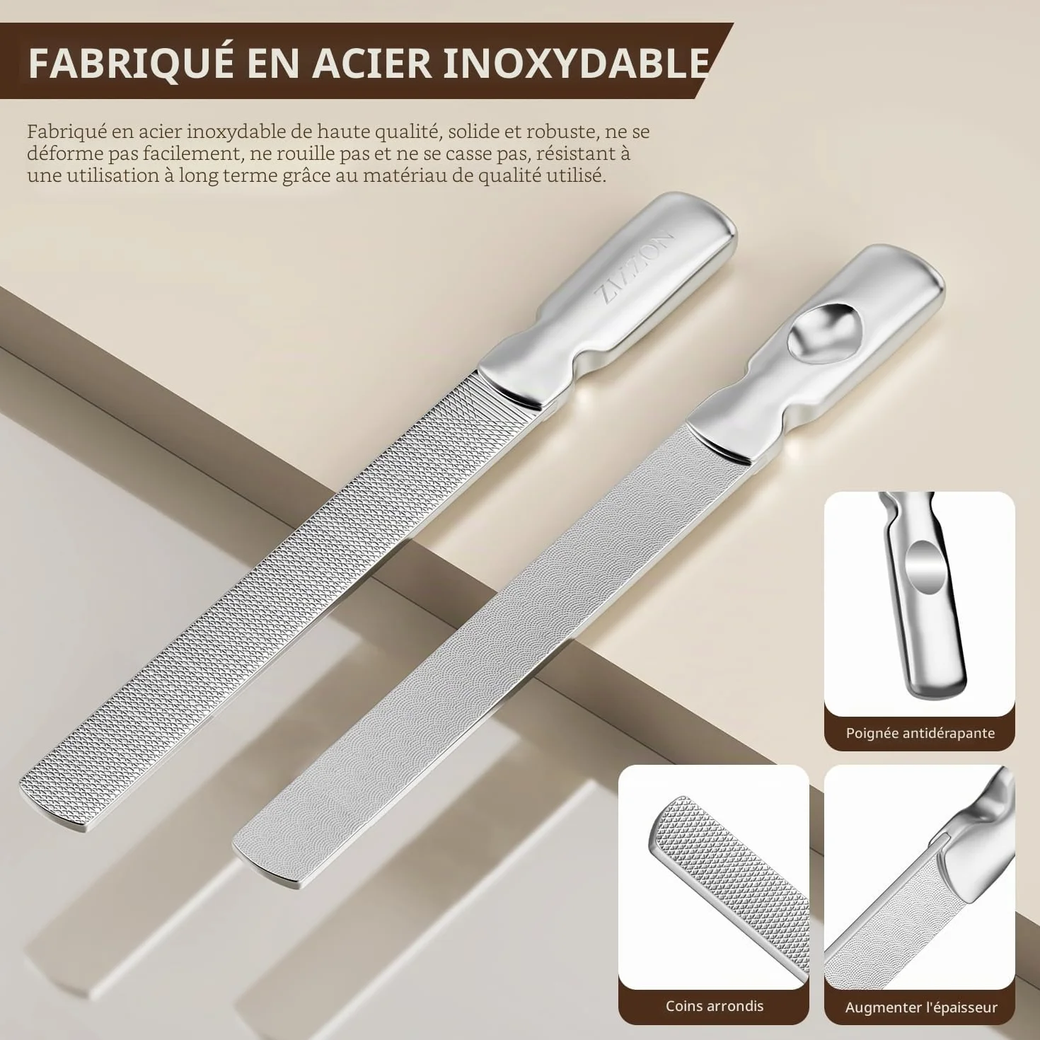 Lime à ongles professionnelle en acier inoxydable double face réutilisable