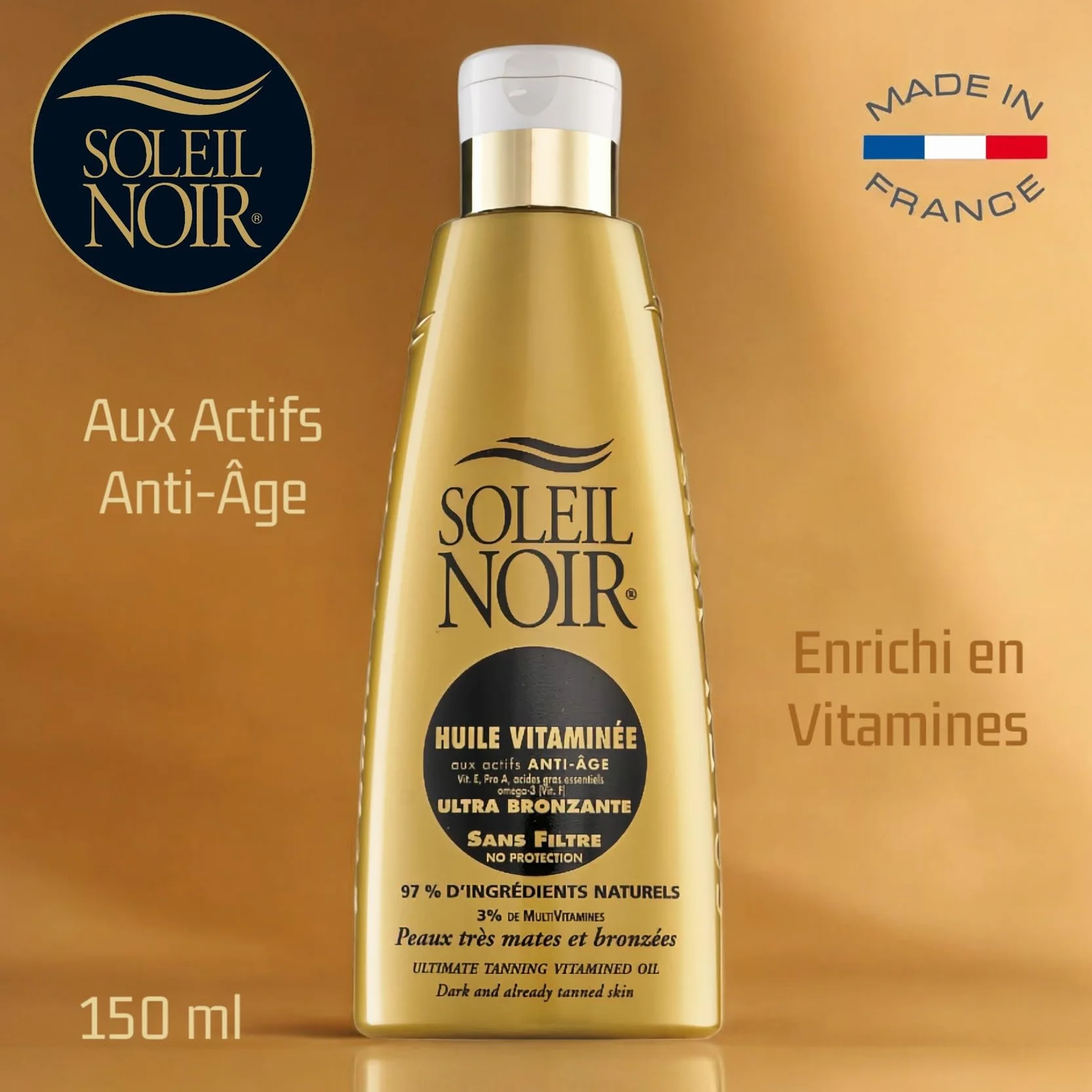 Soleil Noir Huile Ultra-Bronzante Vitaminée sans Filtre 97% Naturels Fabrication Française 150 ml