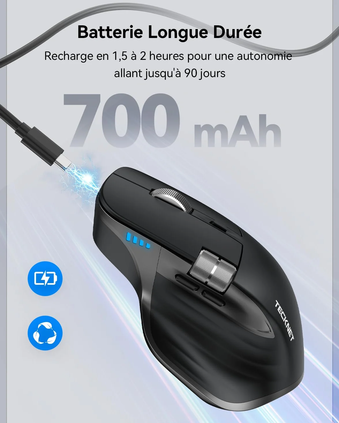 TECKNET Souris Bluetooth sans Fil Ergonomique 3 Modes BT5.0/2.4G Rechargeable 4800 DPI Silencieuse Noir