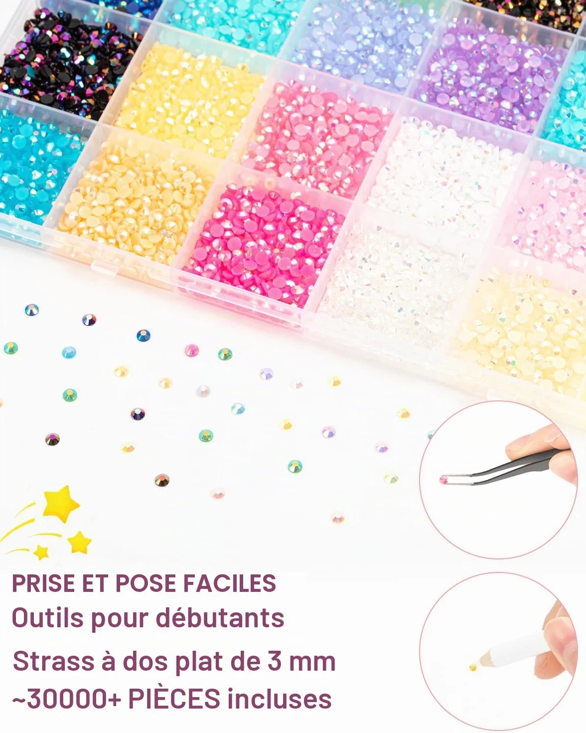 24 Couleurs Strass 30000+Pcs 3mm Flatback Bedazzling Kit avec Pince et Stylo AB Strass a Coller DIY Nail Art