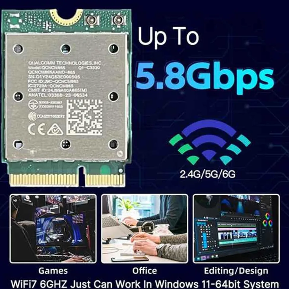 Carte WiFi7 QCNCM865 sans Tri Band WiFi7 QCNCM865 2,4 Gbit/S Bluetooth 5.4 Adaptateur Réseau sans 2,4G/5G/6Ghz pour Win11 pour 802.11be M.2 NGFF WLAN Carte WiFi Uniquement pour Win11