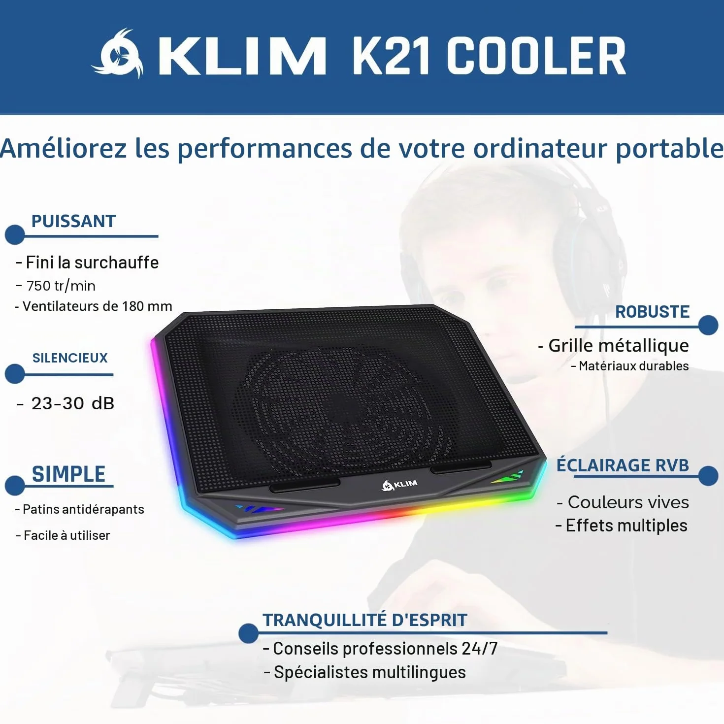KLIM K21 Support PC Portable Ventilé Gamer 11"-17" RGB Refroidisseur Compatible Mac PS4