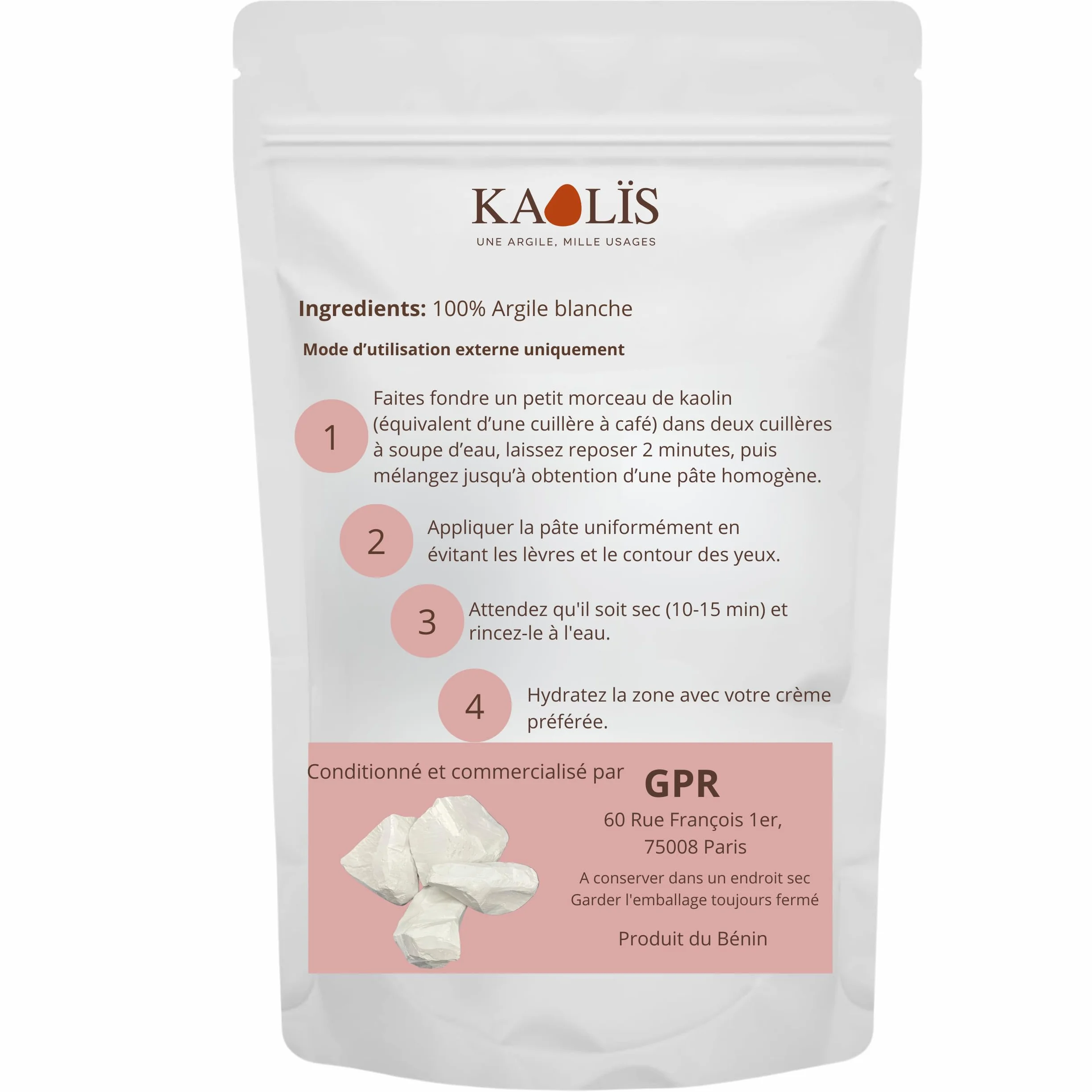 Kaolin du Bénin 100 g – Argile Blanche Africaine – Terre Naturelle – Kalaba Naturel
