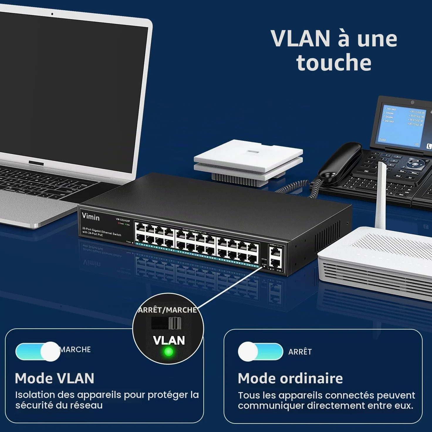 VIMIN Commutateur PoE Gigabit 24 Ports avec 2 Ports Montants Gigabit, Commutateur Ethernet PoE Non Géré 26 Ports avec Une Puissance de 320W, Prise en Charge de IEEE802.3af/at, VLAN, Boîtier en Métal