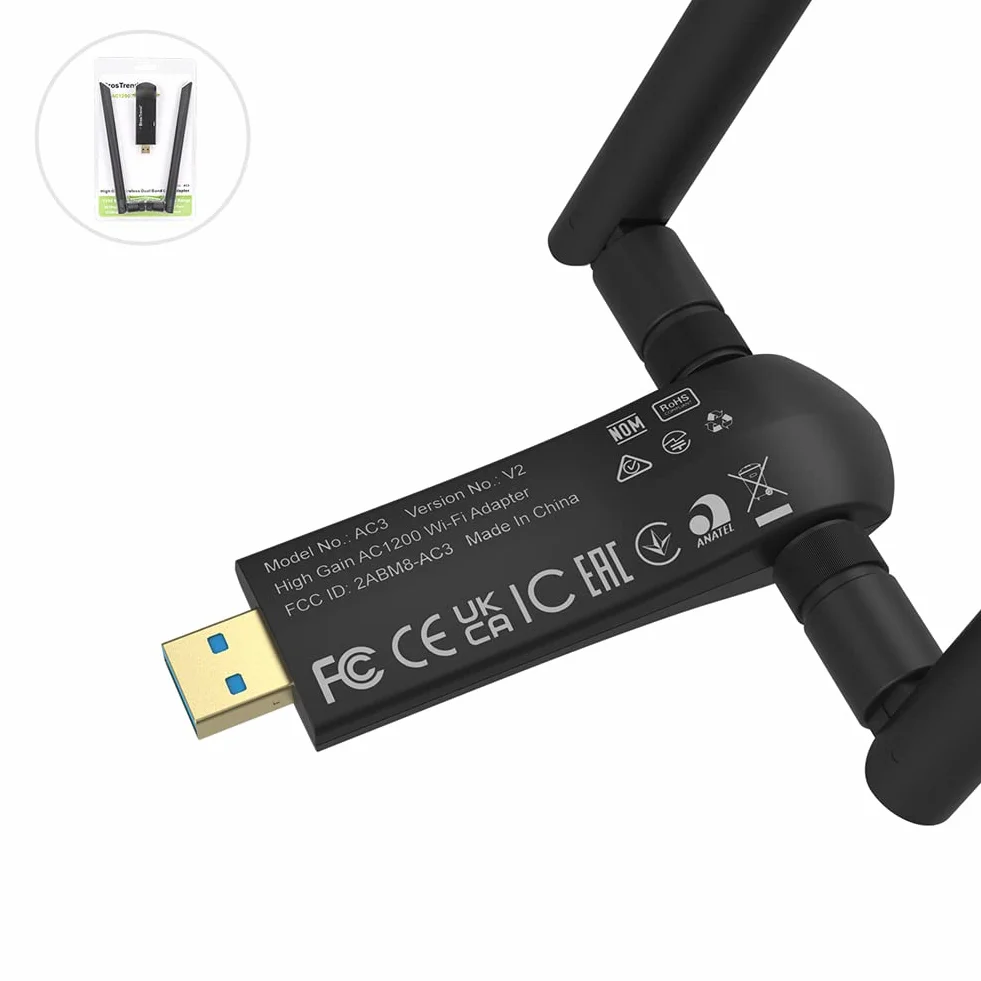 BrosTrend Clé WiFi AC1200 Adaptateur USB Dongle Réseau Longue Portée Bi-Bande 5GHz 867Mbps 2.4GHz 300Mbps 2 Antennes