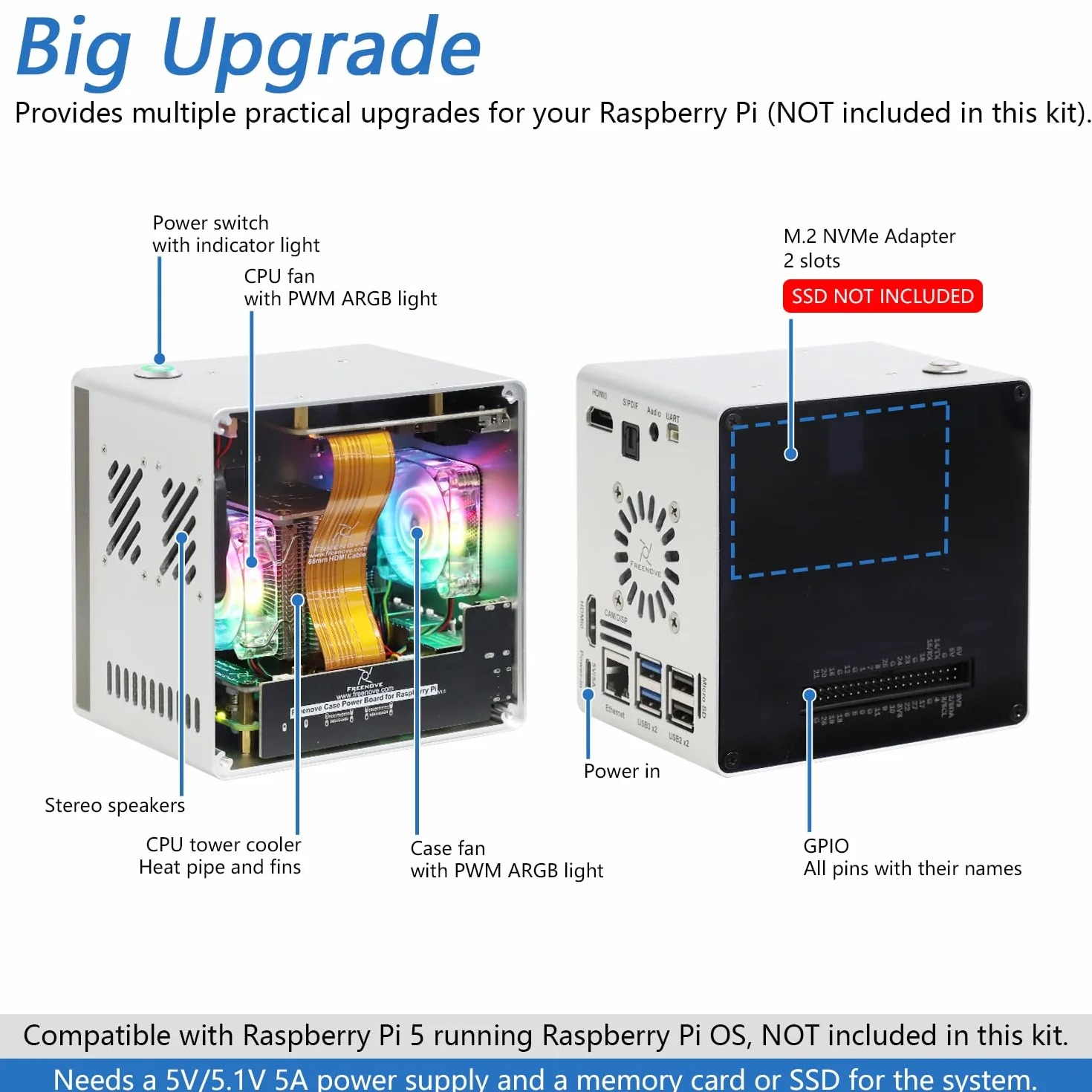 Freenove NAS Case for Raspberry Pi 5, Quad M.2 NVMe SSD Slots, PWM ARGB Fans, CPU Tower Cooler, Stereo Speakers