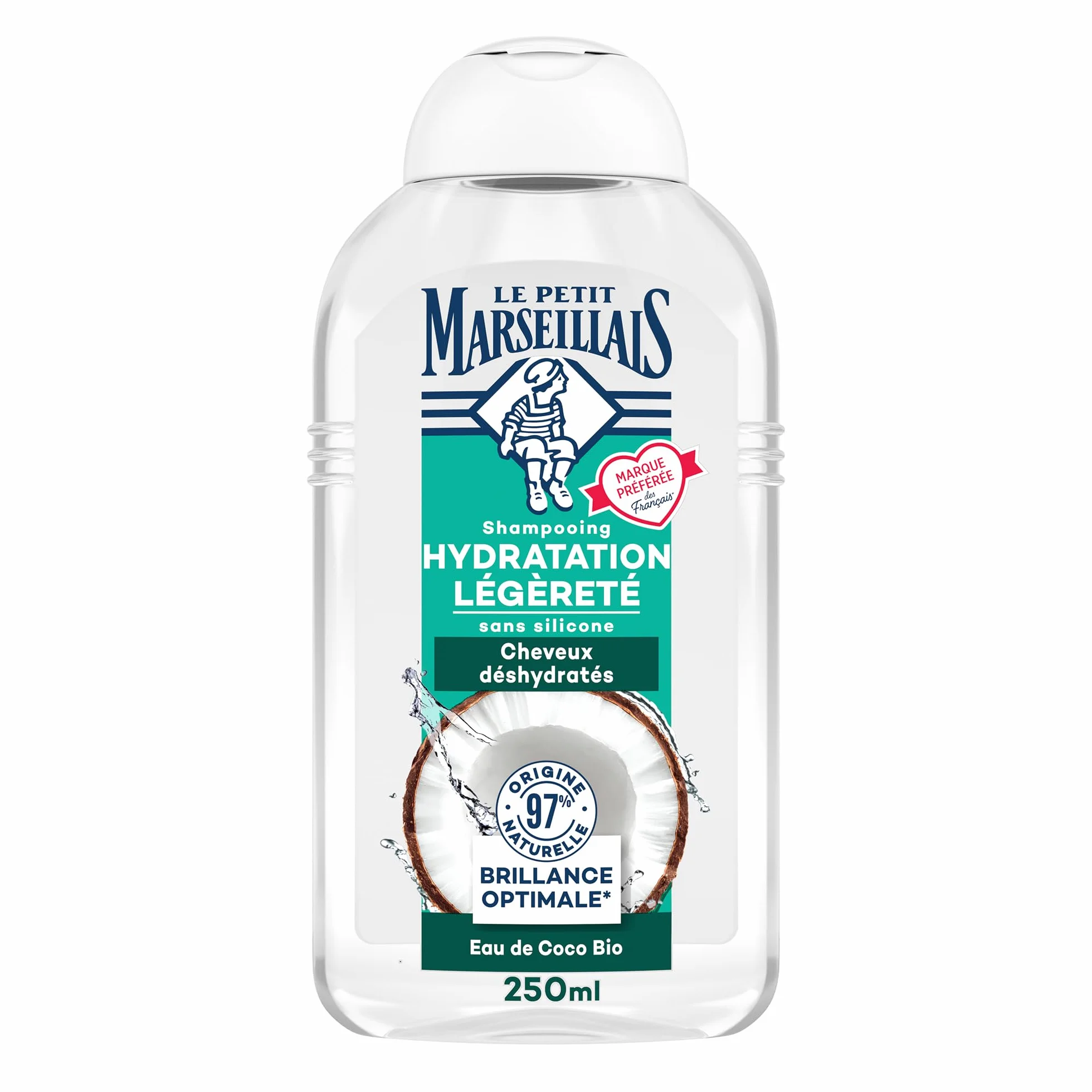 Le Petit Marseillais Shampooing Hydratation Légèreté Eau de Coco Bio 250 ml Sans Silicone Cheveux Déshydratés