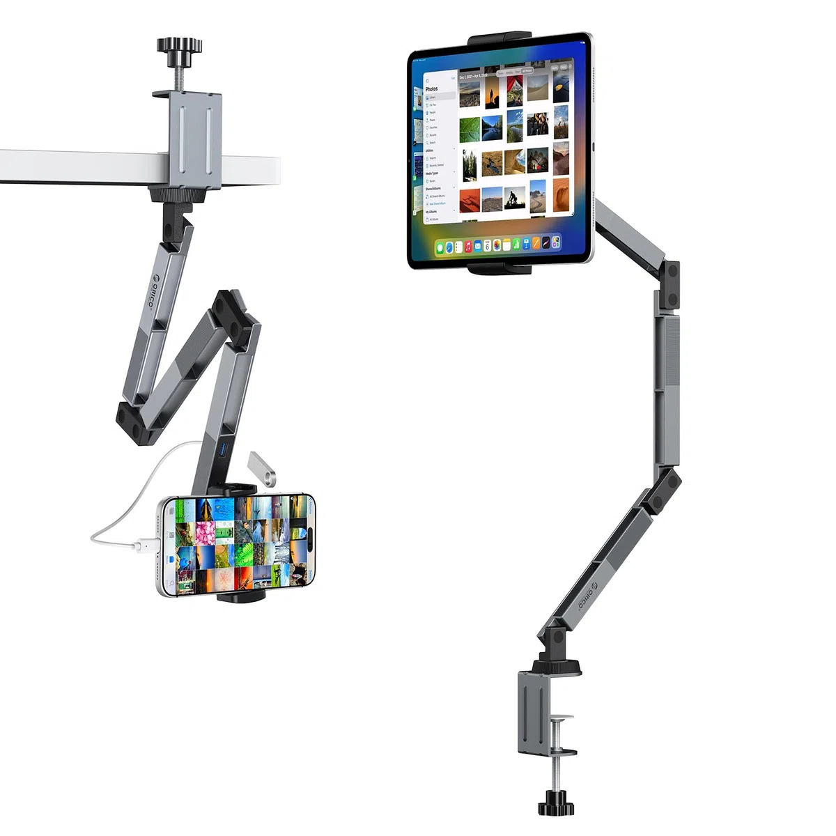 ORICO Support Tablette avec hub USB intégré, Bras réglable en Aluminium pour iPad Pro/Air/Mini, Galaxy Tab et tablettes jusqu'à 12,9", télétravail & création de Contenu – RA1-3P, Gris