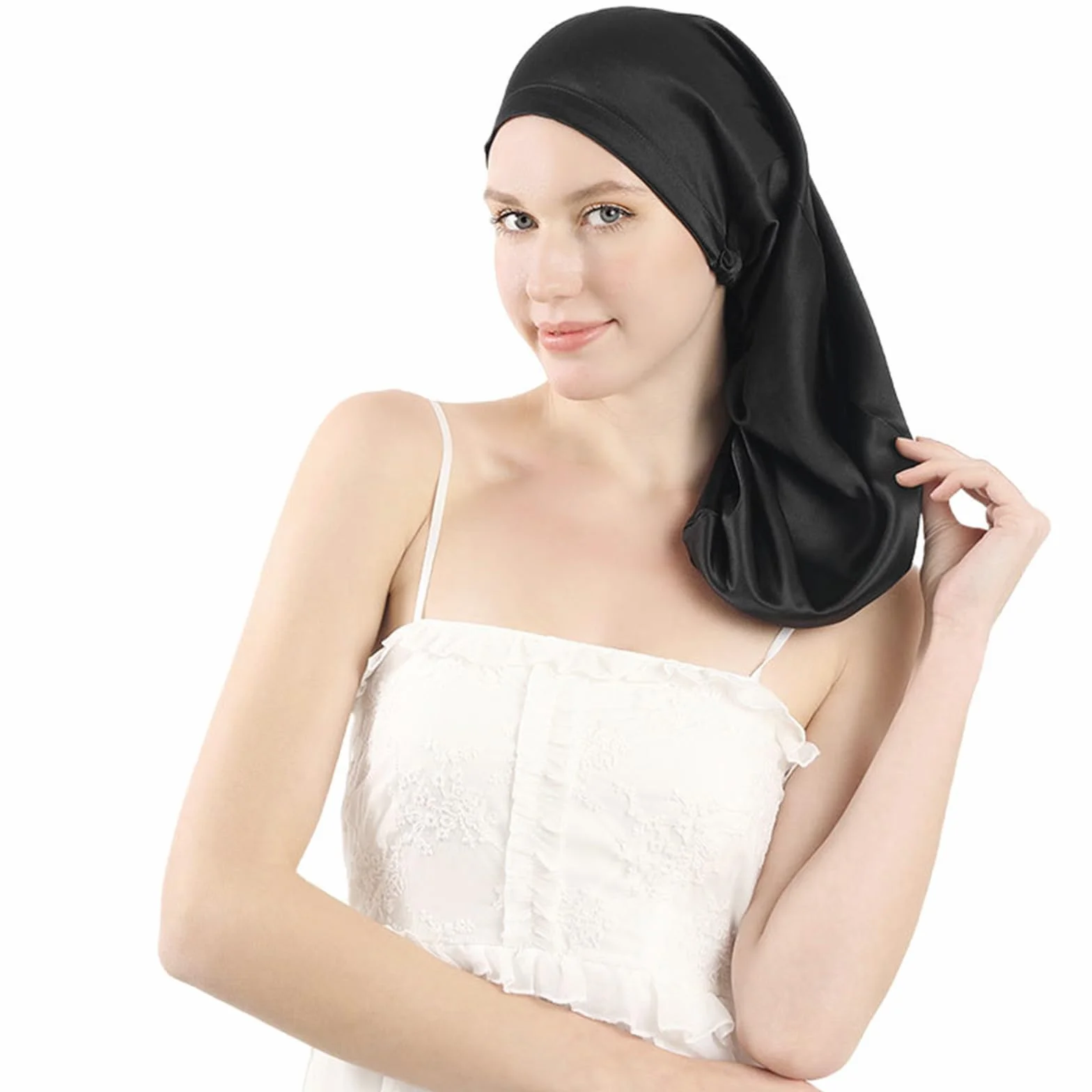 Bonnet de Nuit en Satin Réglable pour Cheveux Longs et Bouclés Noir