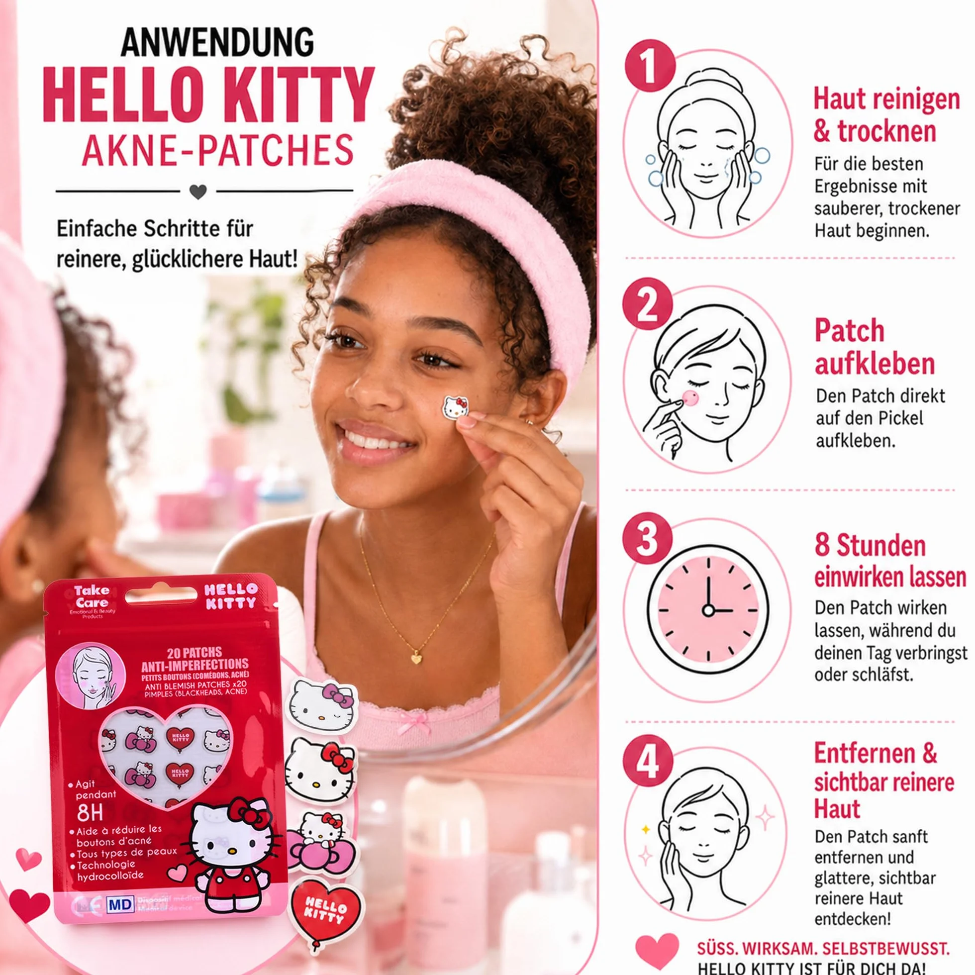 Hello Kitty Patch Bouton Hydrocolloïde 20 pcs – Anti Acné Visage Jour Nuit – Pimple Patch Absorbe Sébum Point Noir Nez Design Cute