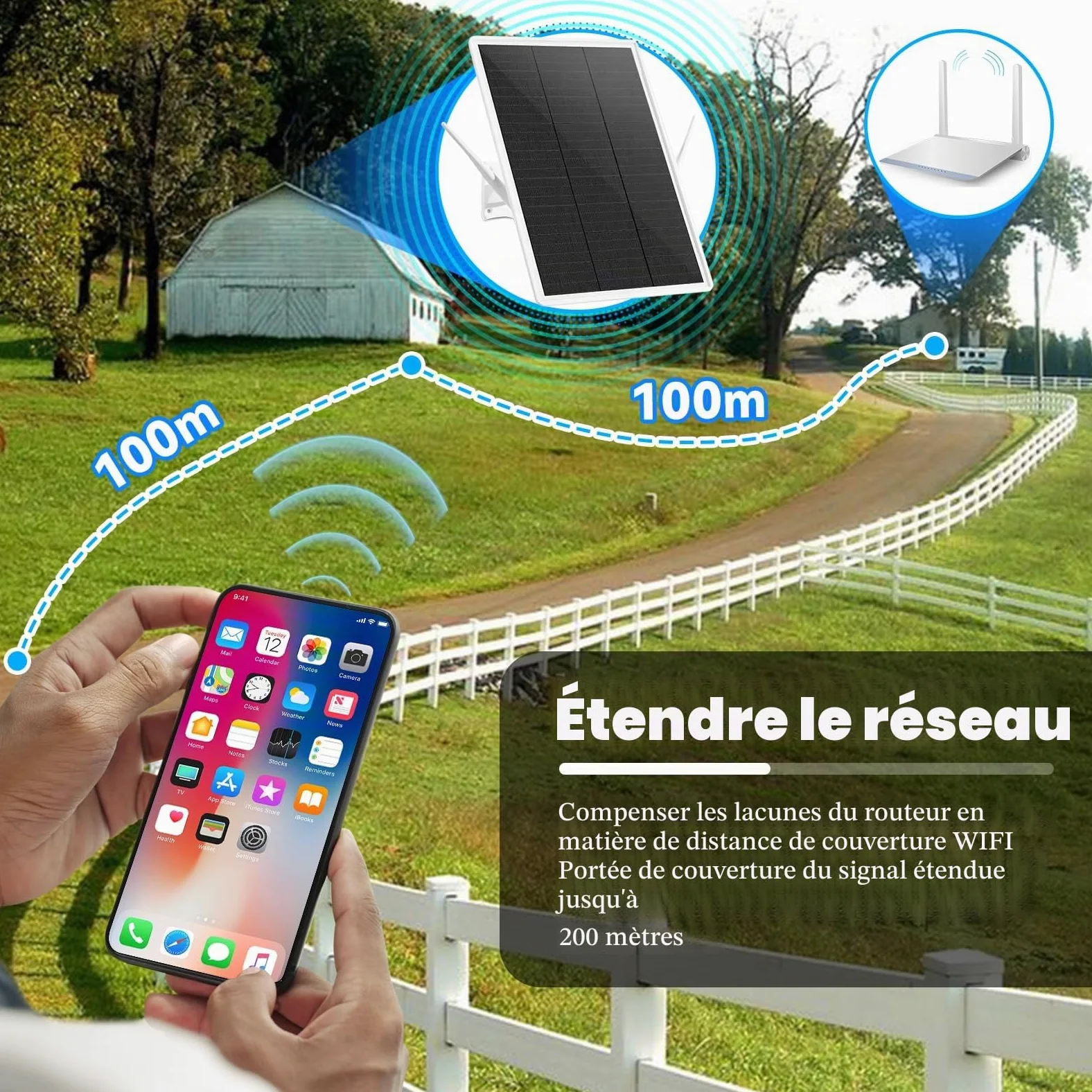 Repeteur WiFi Solaire Batterie Exterieur sans Fil, amplificateur WiFi | extension de portée WiFi jusqu'à 100 m, répéteur WiFi 2,4 GHz avec 300 Mbps, point d'accès WiFi compatible avec les appareils