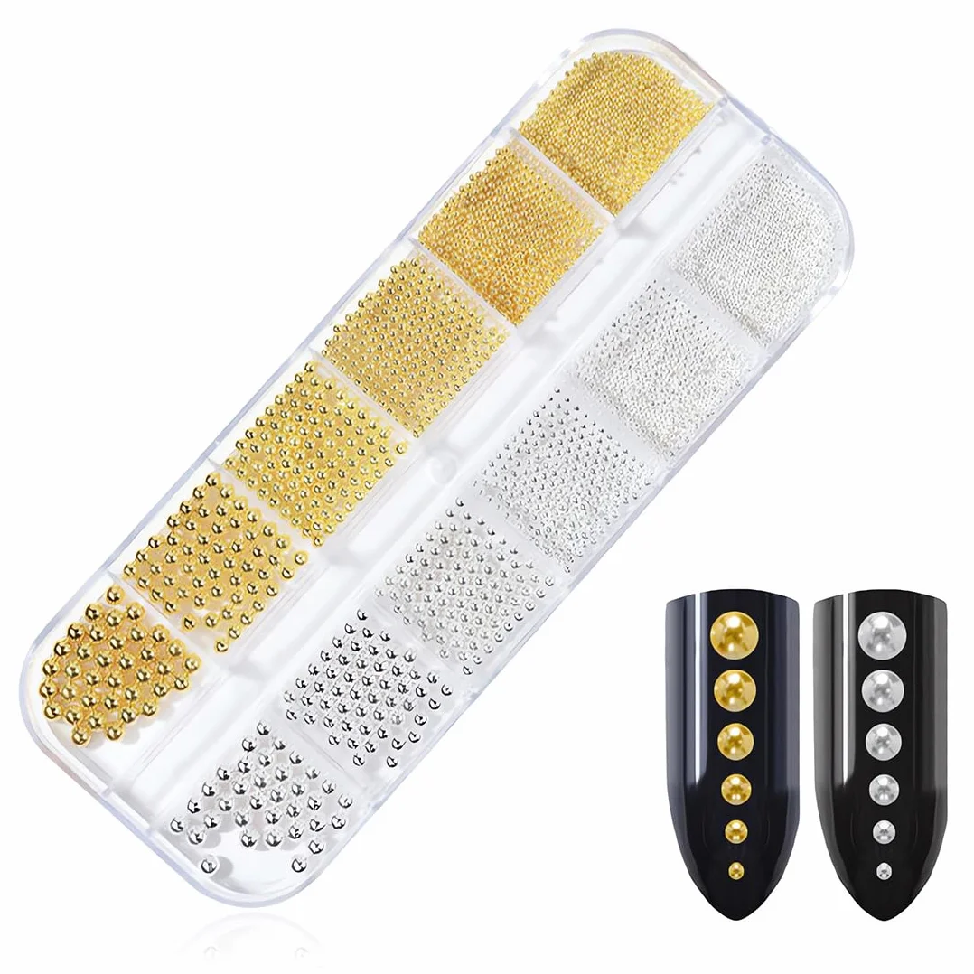 Perles à dos plat pour nail art, Lot de 2 boîtes en acier doré et argenté, 3D petite perle design deco ongle