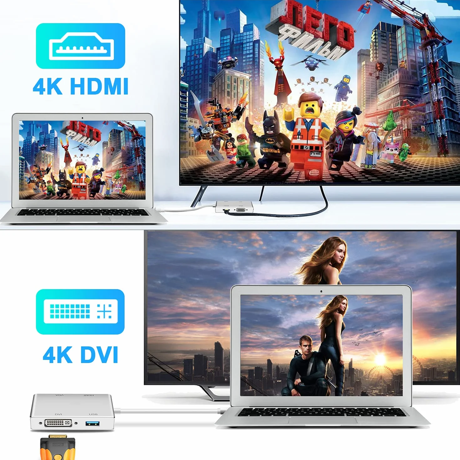 Faersi Adaptateur 4K Type C Vers HDMI USB-C 3.1 Vers DVI VGA USB 3.0 Hub Multiport Compatible MacBook Pro Chromebook Samsung Galaxy S8