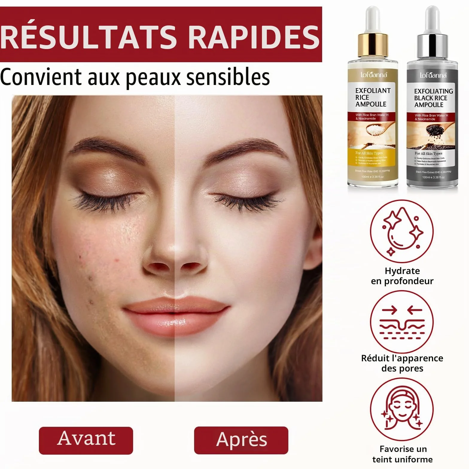 Sérum Exfoliant Visage au Riz Blanc 100ml + Riz Noir 100ml, Peeling Doux AHA BHA VB3, Éclat & Hydratation, Soin Coréen