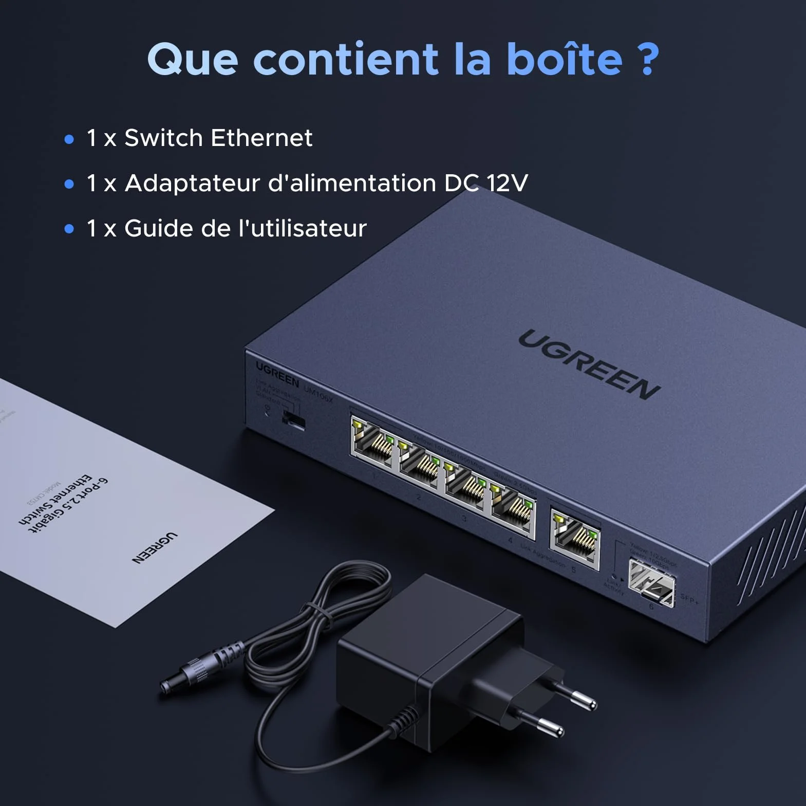 UGREEN Switch Ethernet 6 Ports 2.5G 1 Port SFP+ 10G RJ45 Métal Non Géré 4KV Montage Mural
