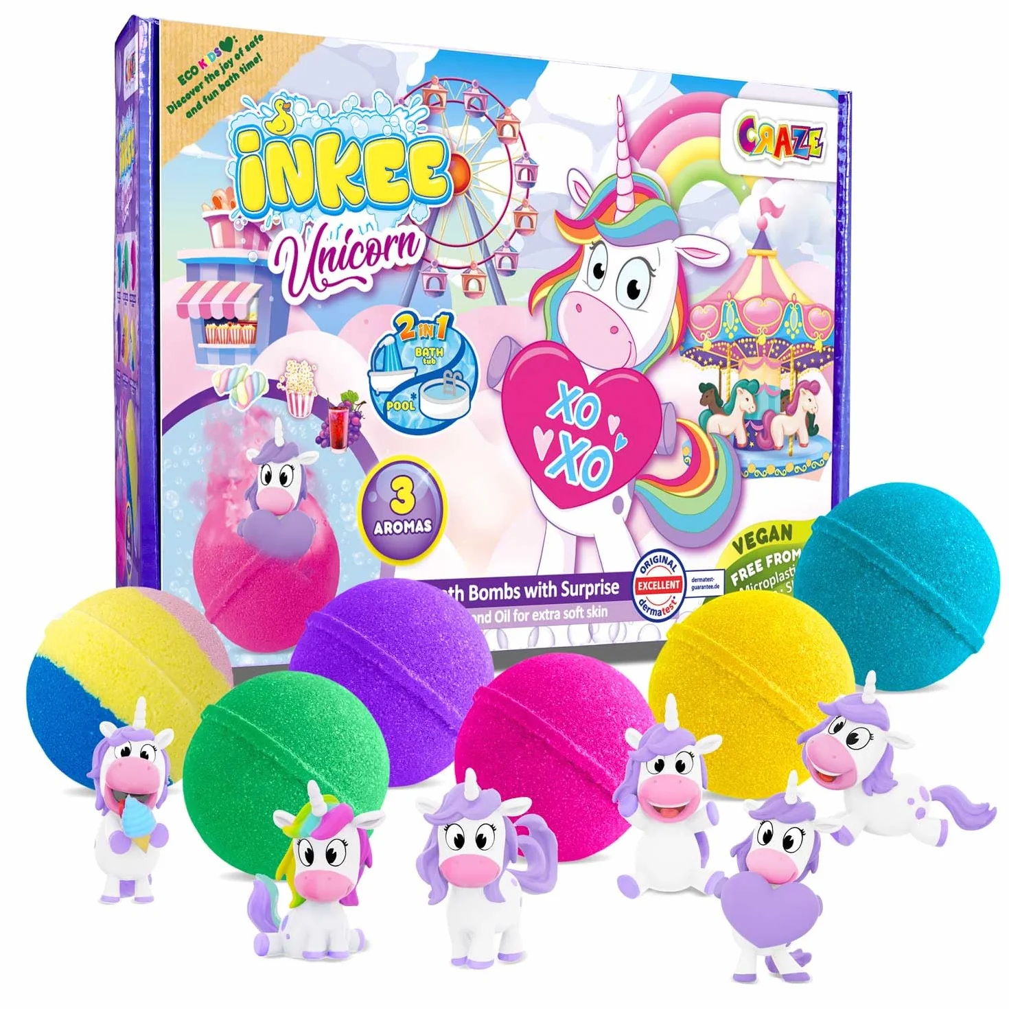 INKEE Boîte cadeau licorne 6 bombes de bain pour enfants avec figurines