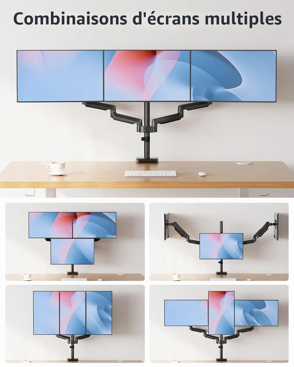 MOUNTUP Support triple moniteur – Support de bureau pour 3 écrans d'ordinateur jusqu'à 27", triple bras de moniteur, support robuste pour moniteurs, chaque bras peut supporter 2 à 9 kg, noir