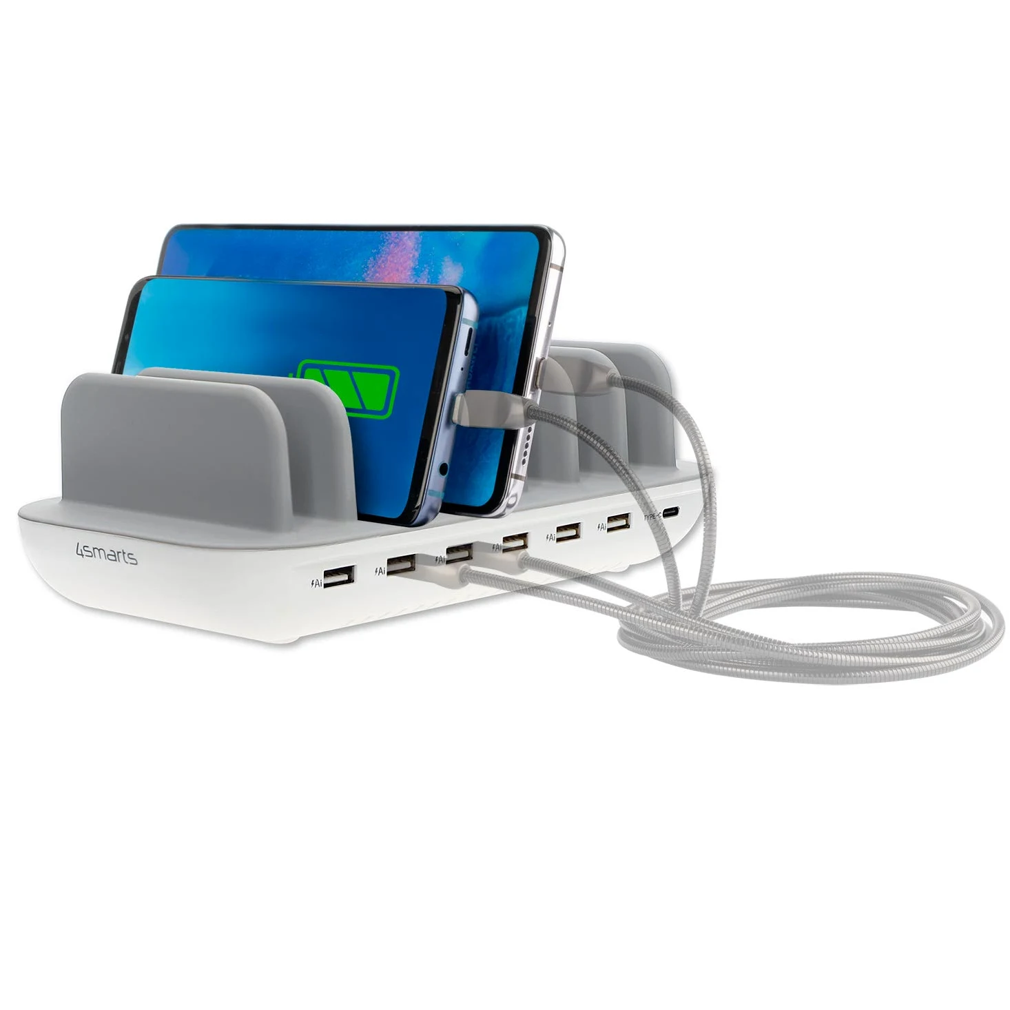 4smarts Office Station de Charge 60W avec 7 Ports USB [6X A & C 2.4A] Chargeur Rapide pour Multiples Appareils Compatible avec iPhone, Samsung, Huawei, iPad - Blanc