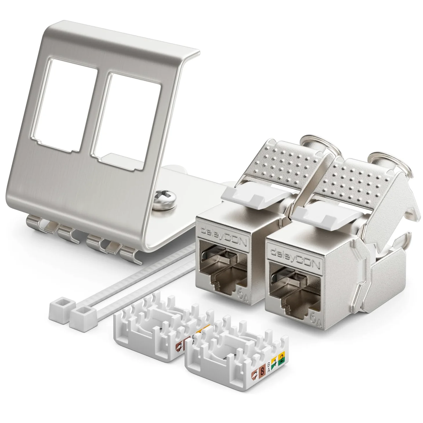 deleyCON 4x CAT6a Keystone Jack Module Avec 4x 2-Port Adaptateur Pour Profilé Chapeau Comme Set Métal STP Blindage RJ45 Femelle 10 Gbit/s Réseau Montage Snap-In Pour Profilés Chapeau 35mm