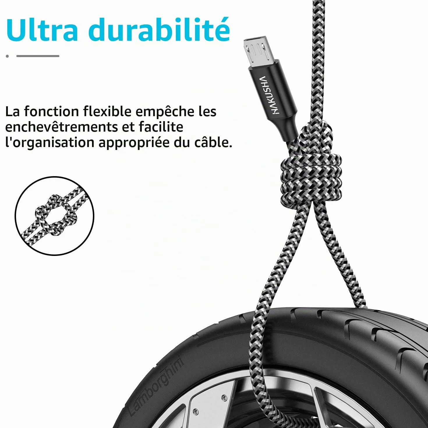 HAKUSHA Câble Micro USB 2M 3A Charge Rapide Android Nylon pour Samsung Huawei Sony