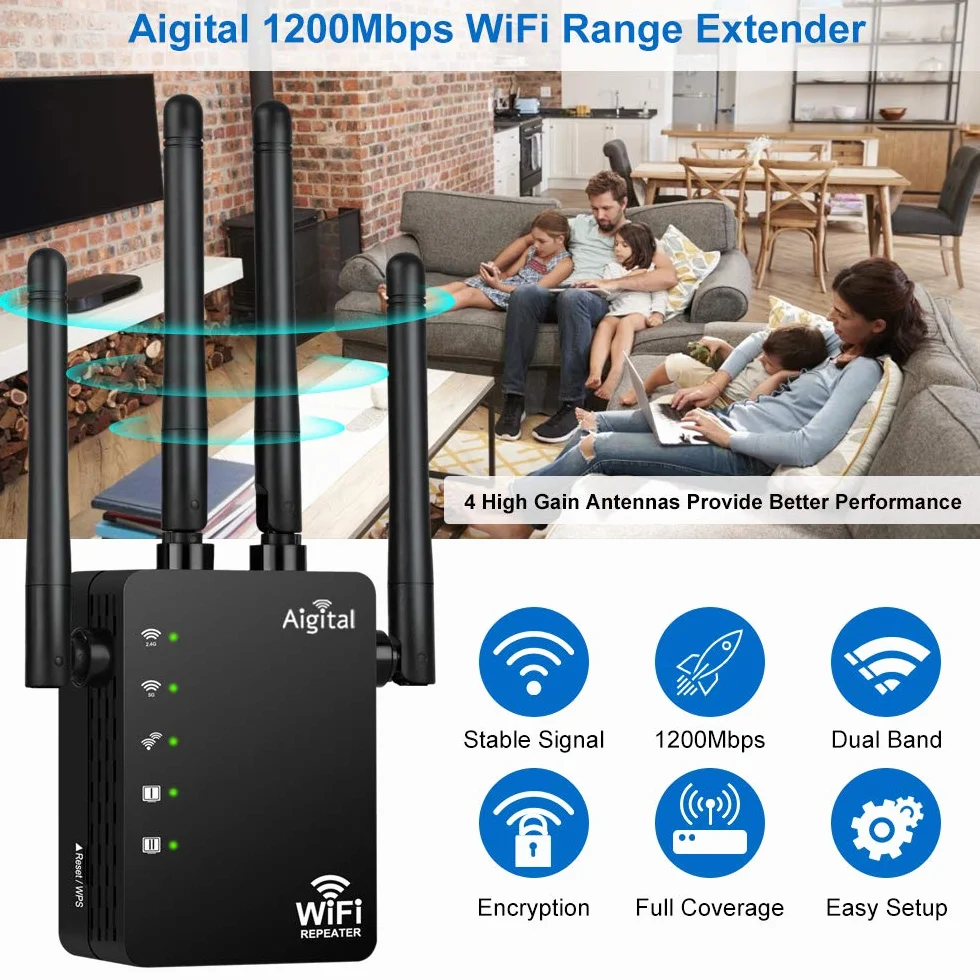 Répéteur WiFi AC1200 Double Bande 2.4GHz 5GHz 4 Antennes Externes 2 Port Ethernet 120㎡