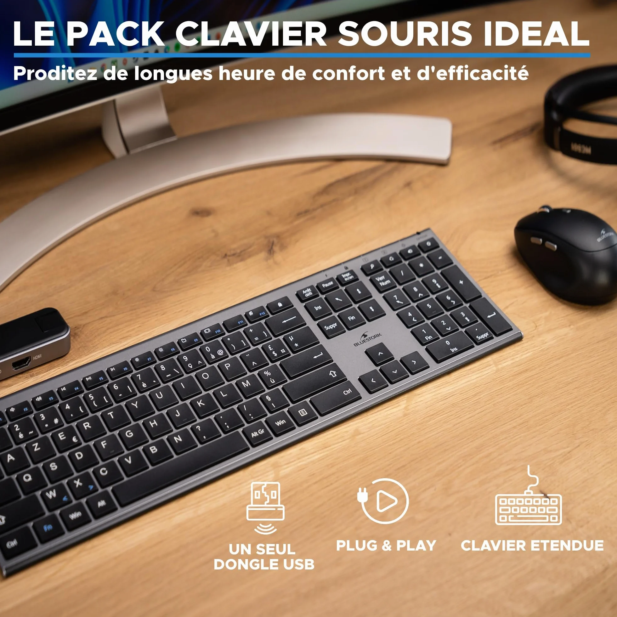 BlueElement Pack Clavier et Souris sans Fil Grapheme Wireless Smart Dongle AZERTY FR Noir