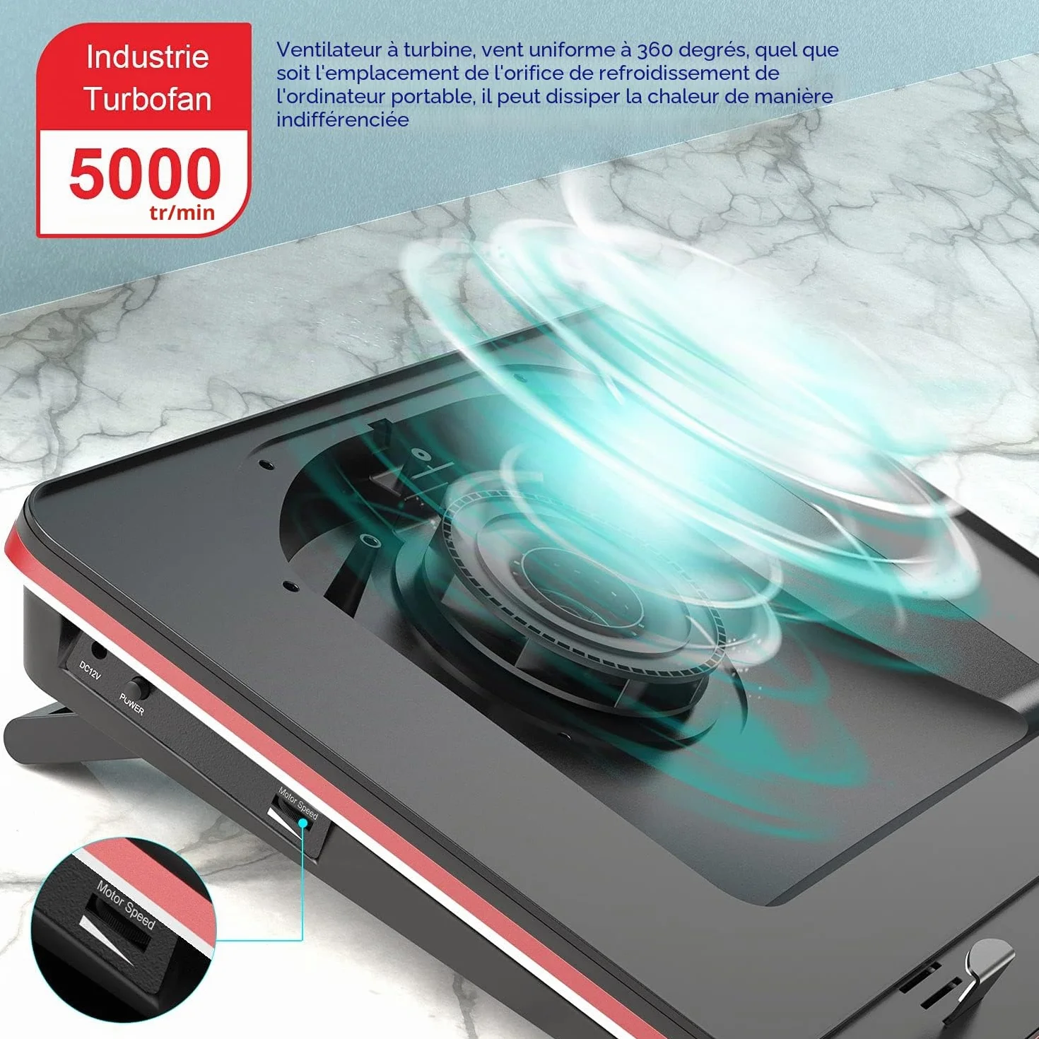IETS GT500 Ventilateur turbo puissant 5000 tours/min pour ordinateur portable 13-17.3 pouces avec hub USB 3 ports