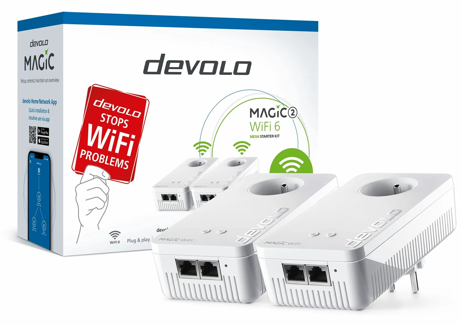 devolo Magic 2 WiFi 6 Mesh Kit de démarrage, adaptateurs CPL WiFi - jusqu'à 2.400 Mbits/s, Point d'accès WiFi Mesh, 4X Ports Ethernet Gigabit, Prise integrée, Blanc