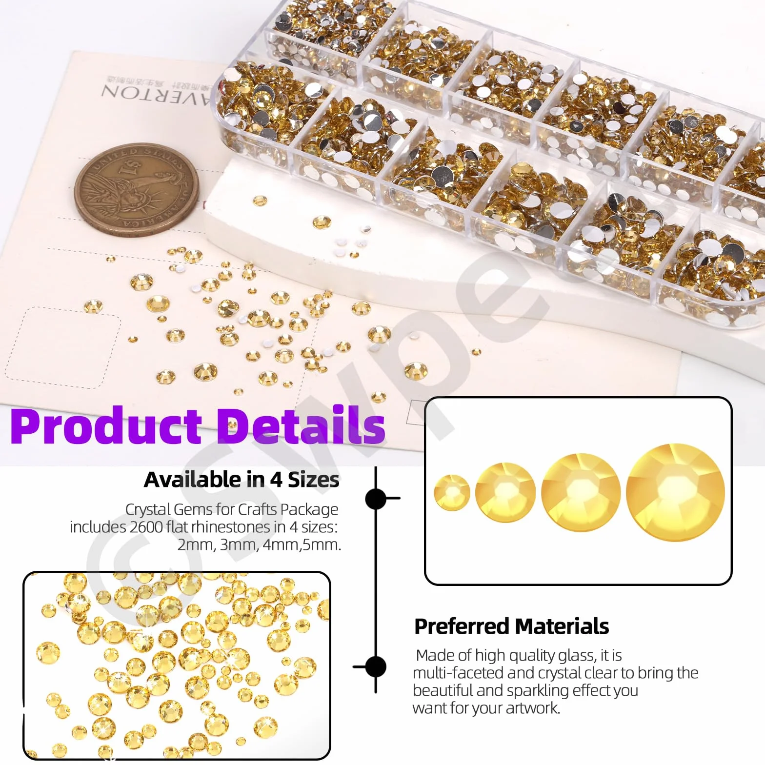 Swpeet 4403 PCS Strass Plat Cristal Jaune 2mm 3mm 4mm 5mm Kit Perles Combo avec Pince, Idéal pour Manucure DIY