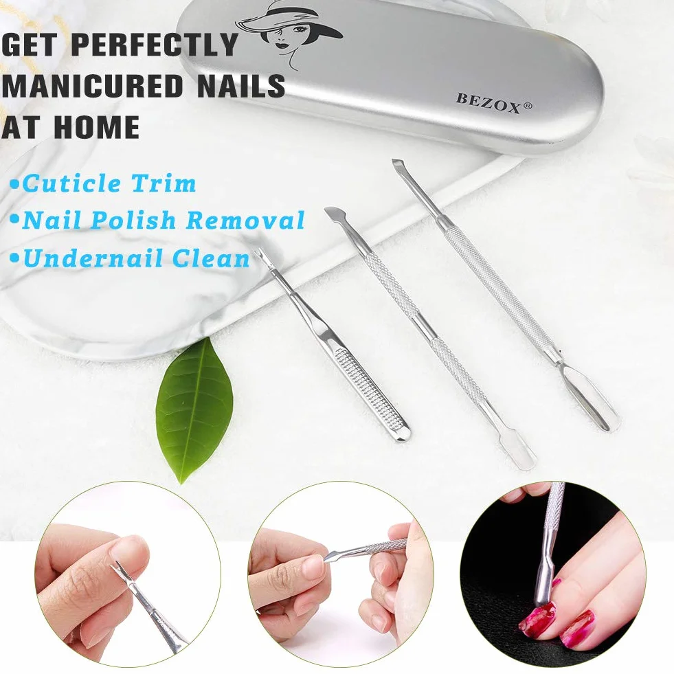 BEZOX Cuticule Coupe Repousse Pousse Pusher Spatule Pédicure Manucure Nail Art Soin Outils Ongles Acier Inoxydable