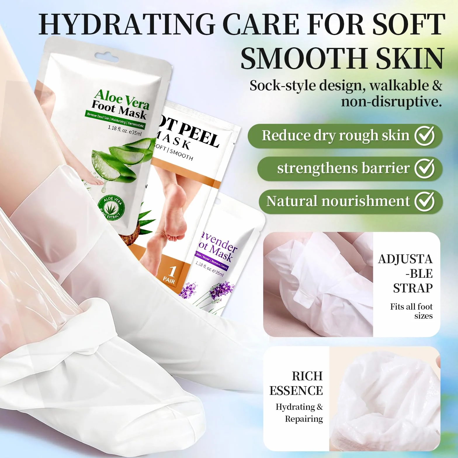 Lot de 3 Paires Masque Pieds Peeling Exfoliant Hydratant, Retirer Peaux Mortes et Callosités - Lavande, Aloé Vera, Coco