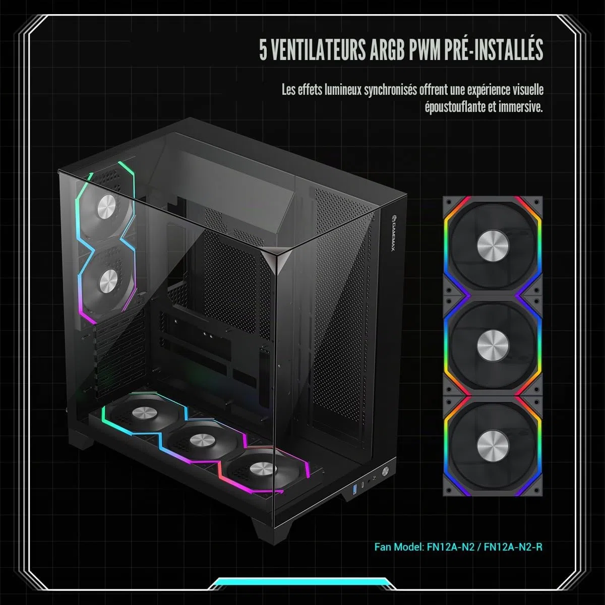 GAMEMAX Infinity Pro ATX Boîtier PC Verre trempé, 5 Ventilateurs ARGB PWM préinstallés, USB 3.0 et Type-C, Prend en Charge Aura Sync & BTF(Noir)