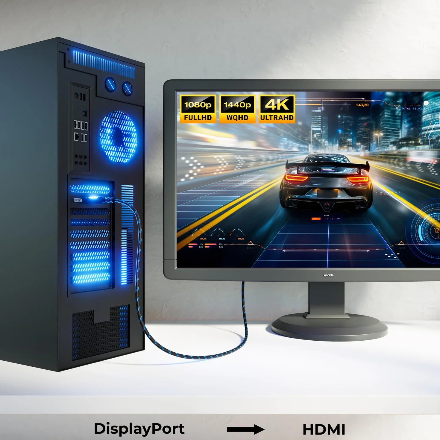 deleyCON 0,5m 4K DisplayPort vers HDMI Câble Court 1080P@60Hz Connecteur Aluminium Gaine Nylon