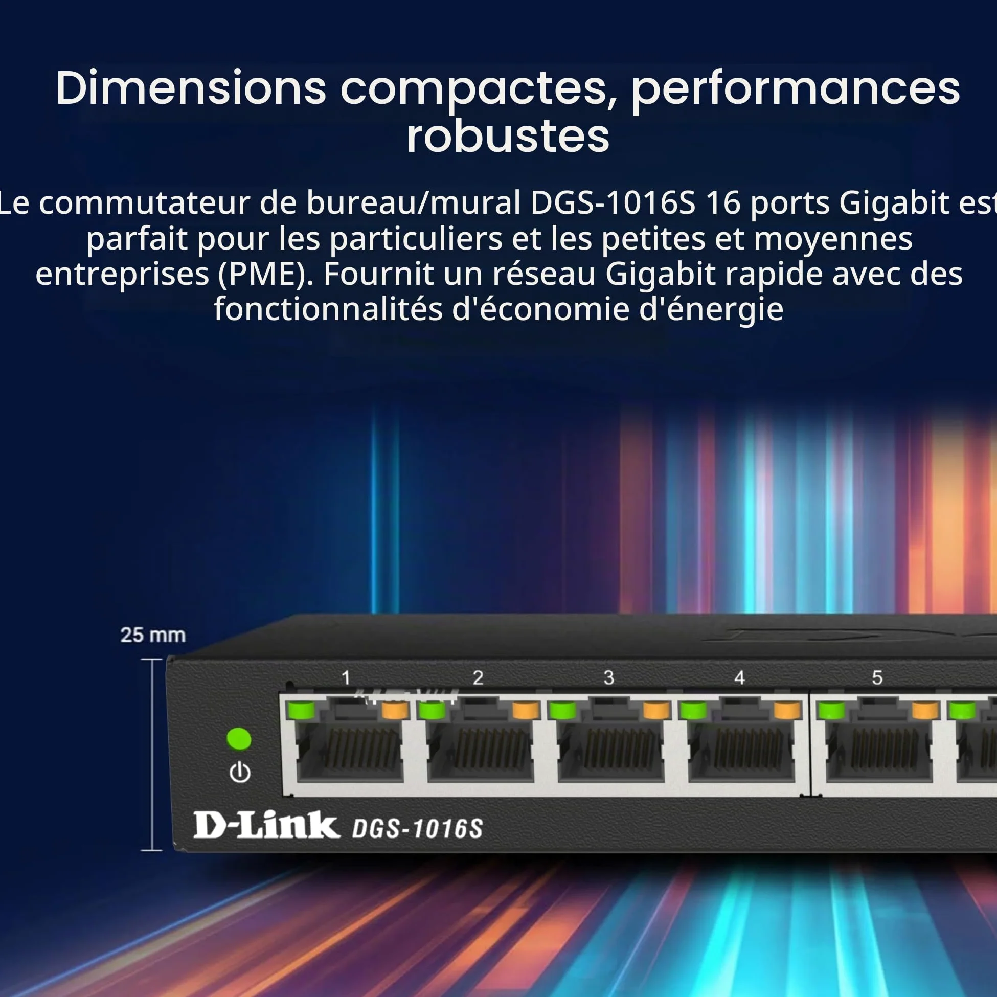 D-Link DGS-1016S Switch non administrable 16 ports Gigabit sans ventilateur à profil bas idéal sur bureau ou au mur - QoS 802.1p
