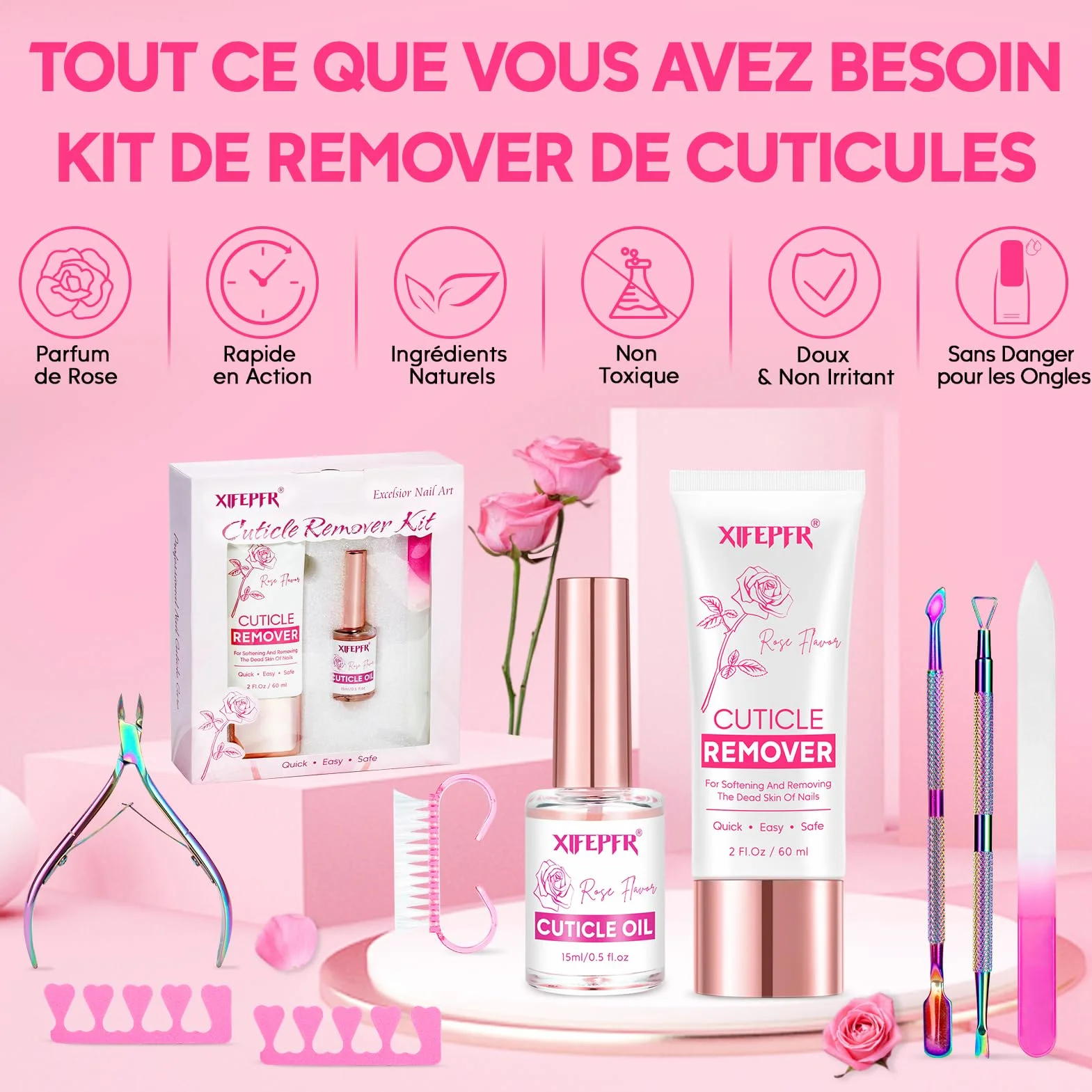 Kit élimination cuticules rose - Crème, huile, coupe-ongles, pousse-cuti et pince